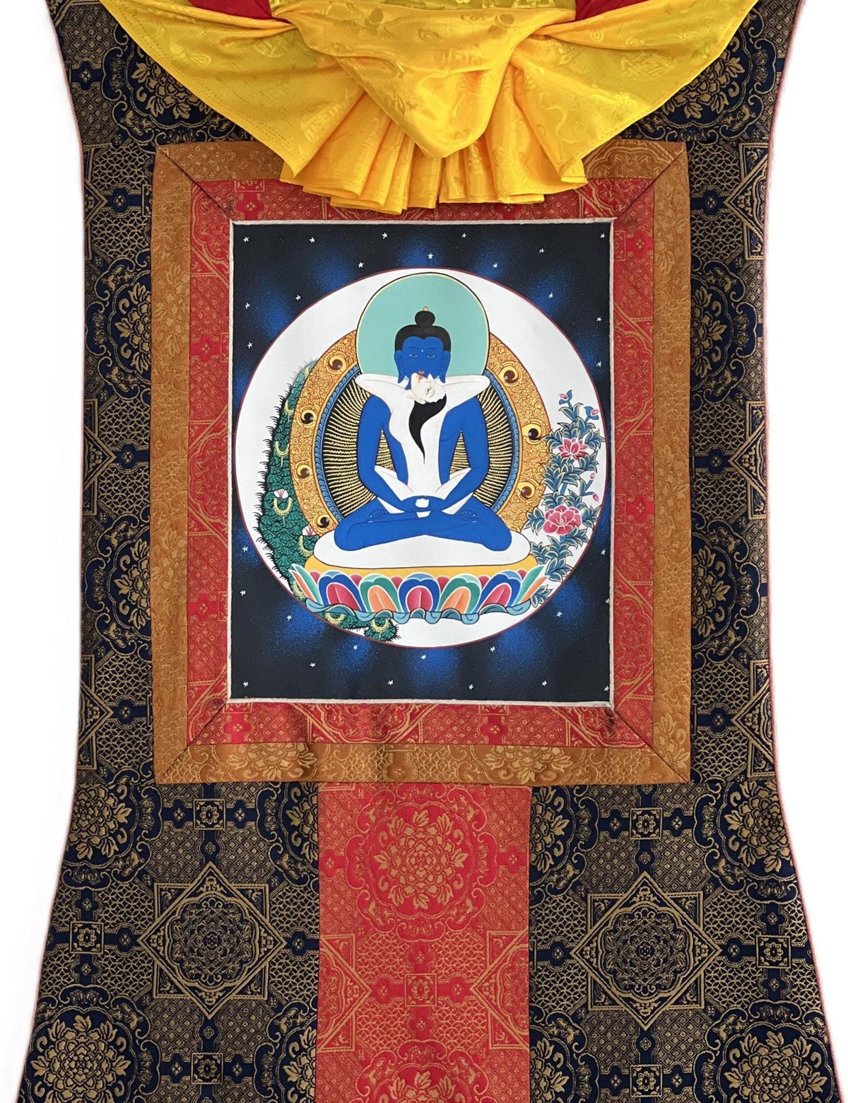 Samantabhadra Thangka Painting with Silk Brocade