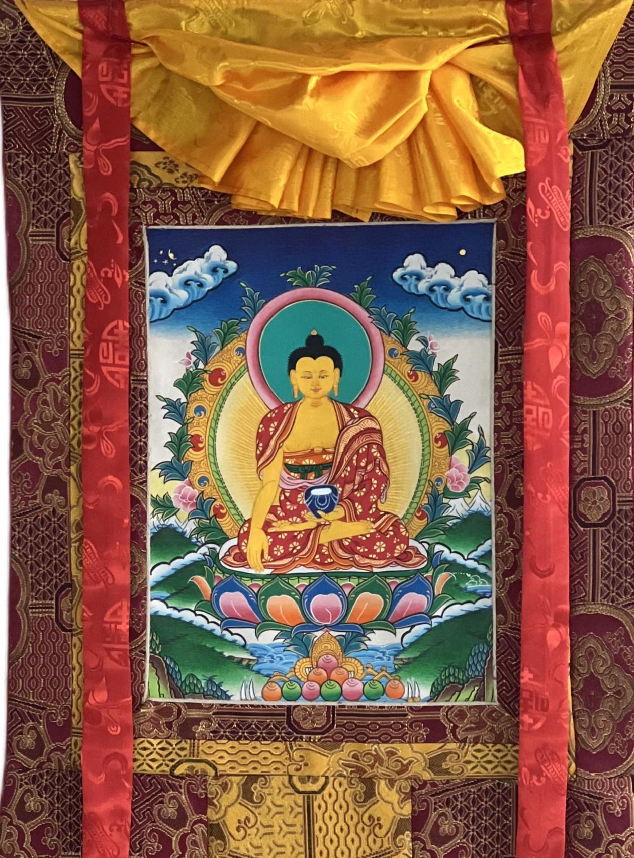 Hand-Painted Shakyamuni Buddha Thangka | Silk Brocade Wall Art