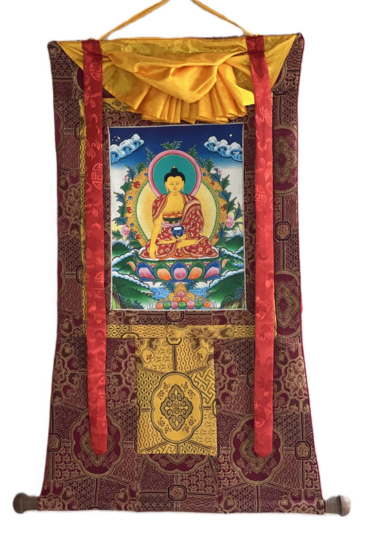Hand-Painted Shakyamuni Buddha Thangka | Silk Brocade Wall Art