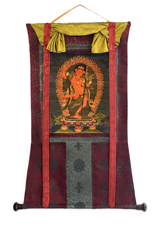 Hand-Painted Vajravarahi Oil Varnished Thangka – Tibetan Buddhist Art, Silk Brocade