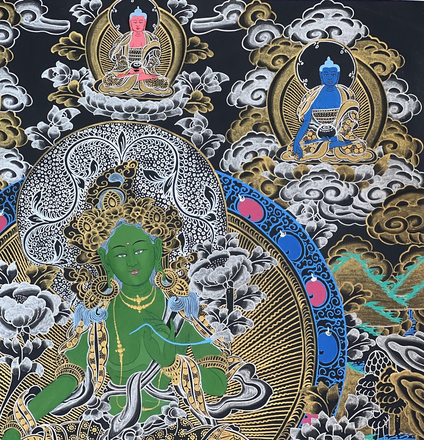 Hand-Painted Green Tara Thangka | Tibetan Compassion Goddess Art with Silk Brocade