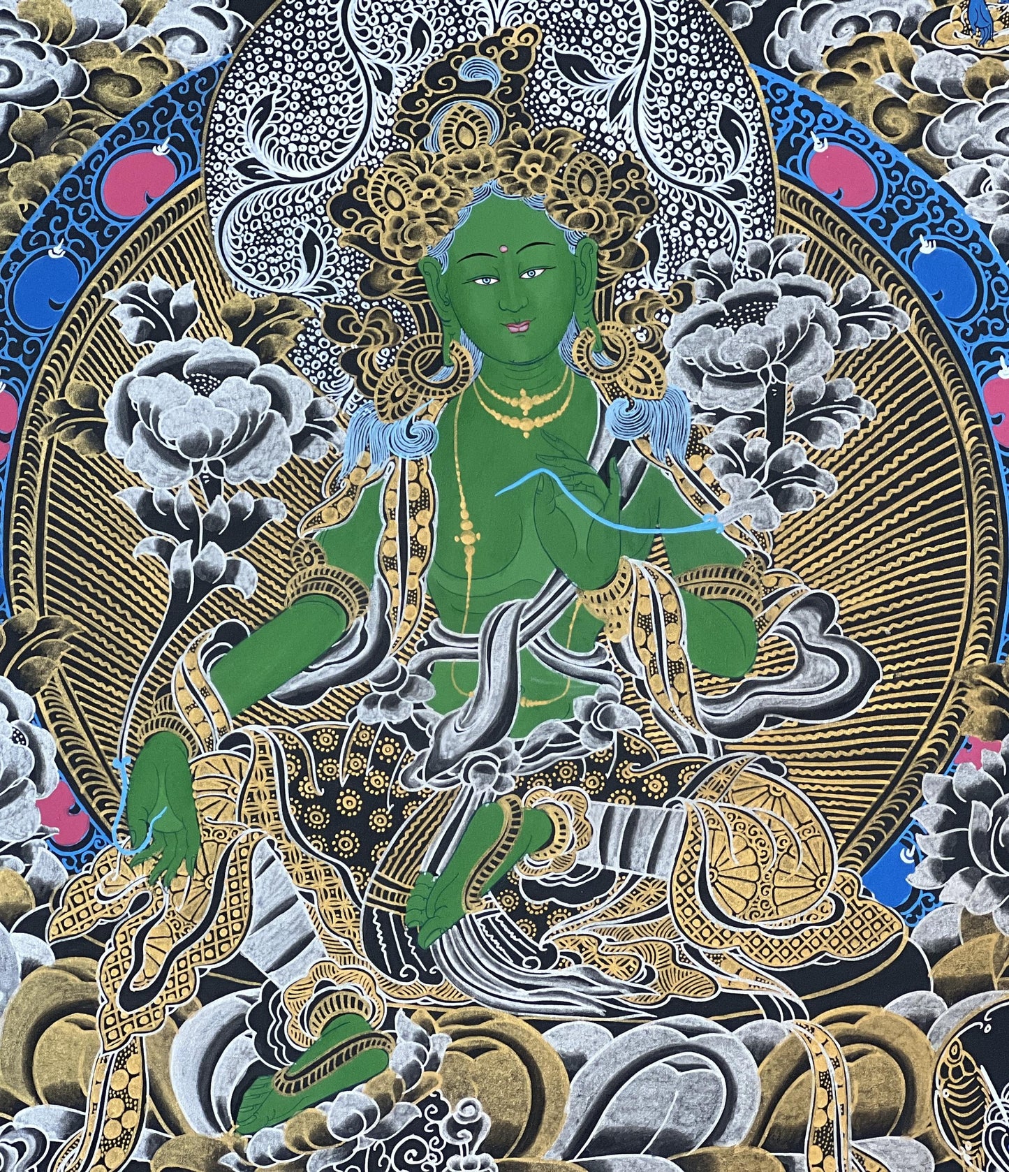 Hand-Painted Green Tara Thangka | Tibetan Compassion Goddess Art with Silk Brocade