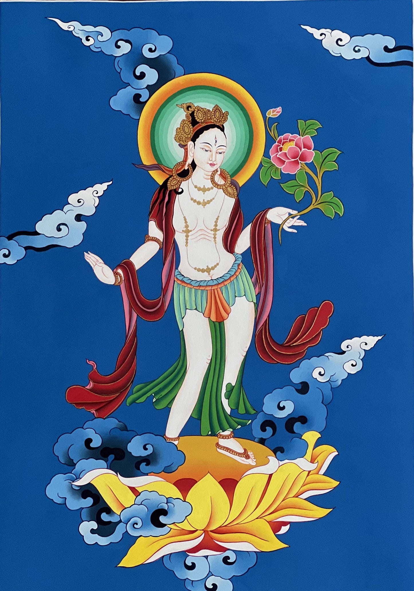 Hand-Painted Standing White Tara Thangka | Tibetan Goddess of Compassion Art