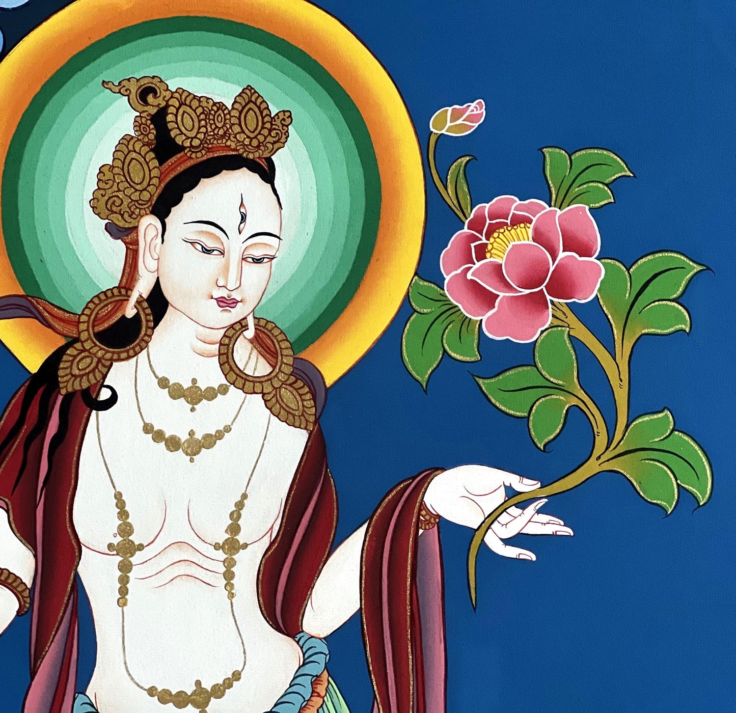 Hand-Painted Standing White Tara Thangka | Tibetan Goddess of Compassion Art