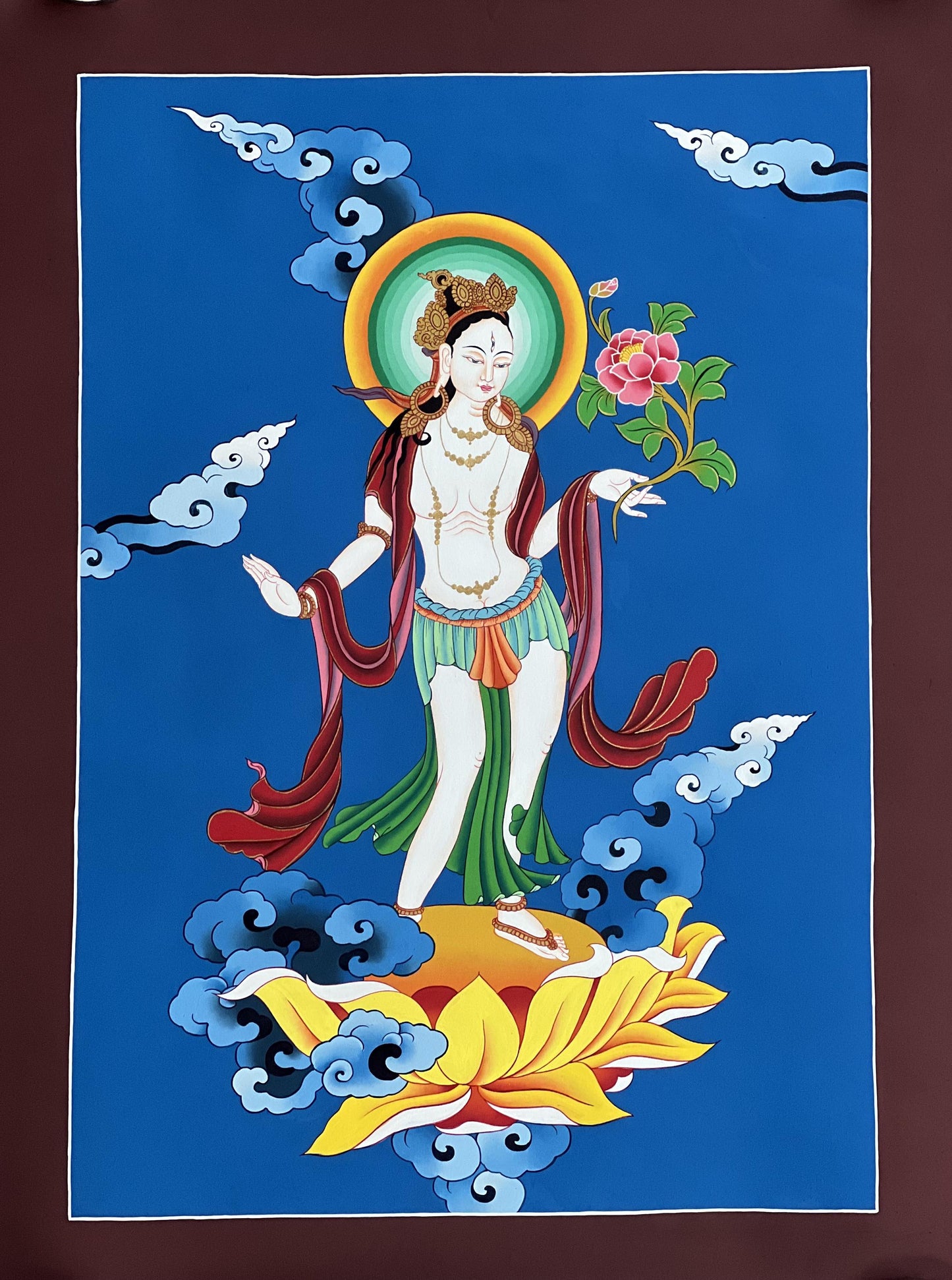 Hand-Painted Standing White Tara Thangka | Tibetan Goddess of Compassion Art