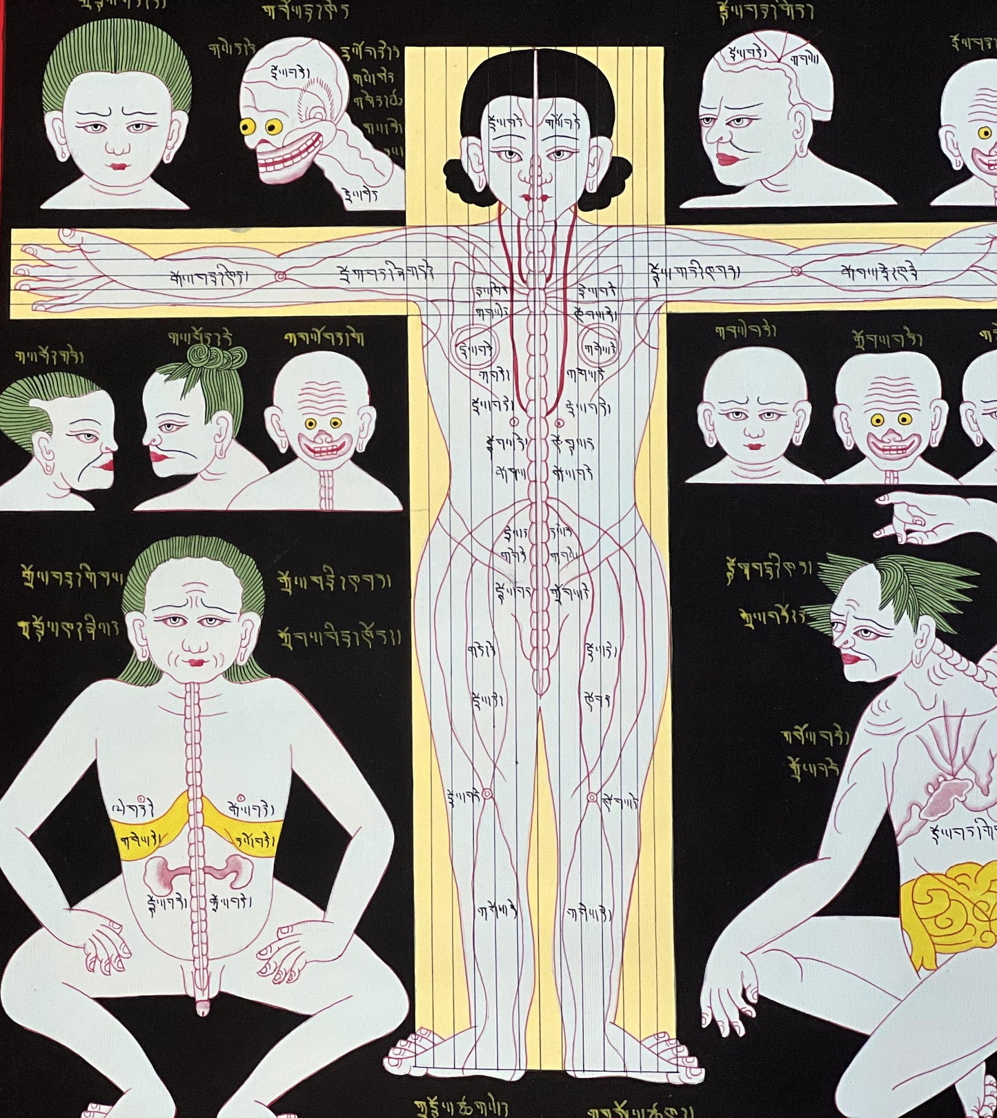 Hand Painted Tibetan Medicine Anatomy Thangka | Cranial Circulation Buddhist Healing Art