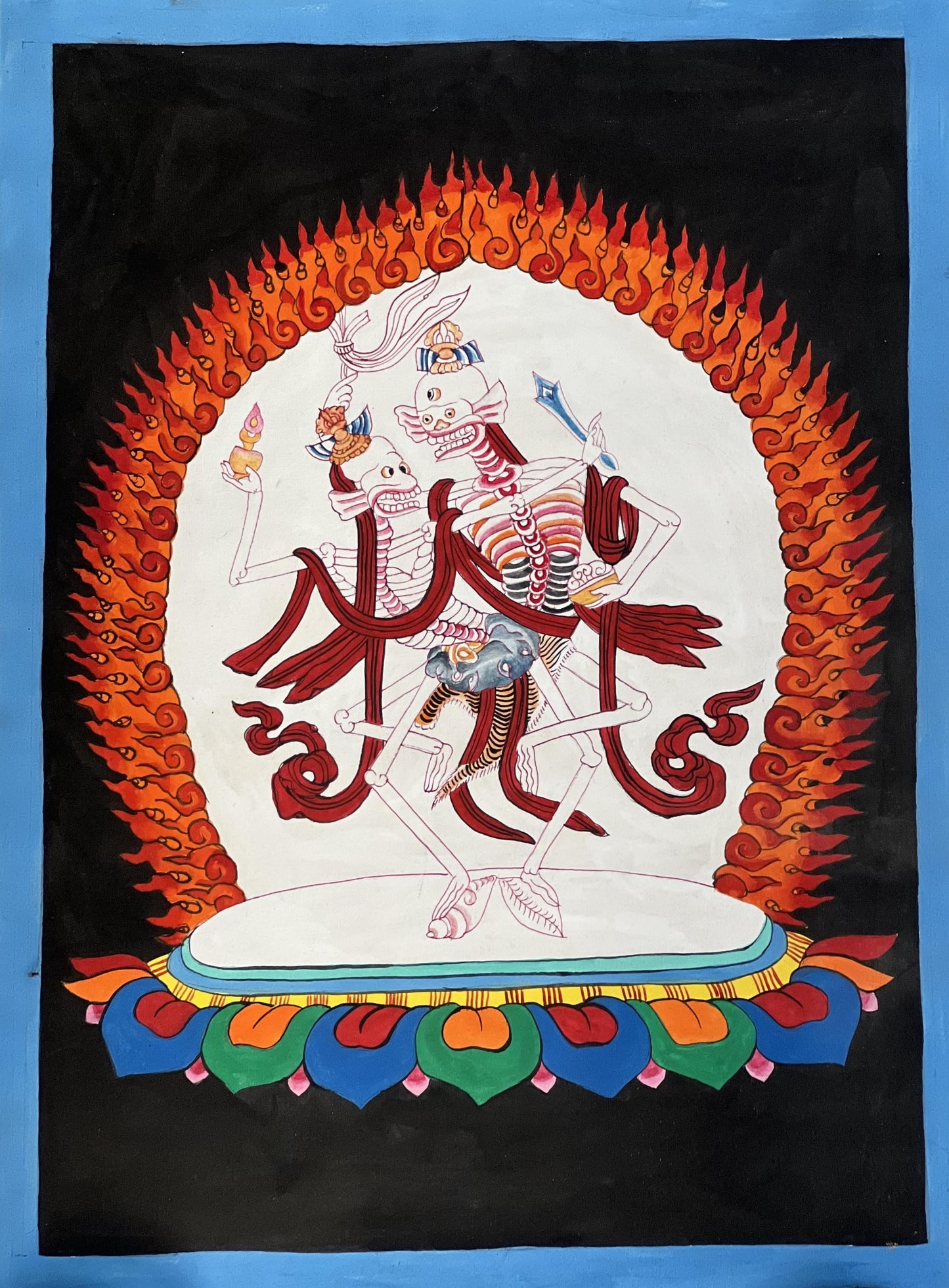 Citipati Dancing Skeletons Thangka | Hand-Painted Tibetan Charnel Ground Protector Art with Silk Brocade