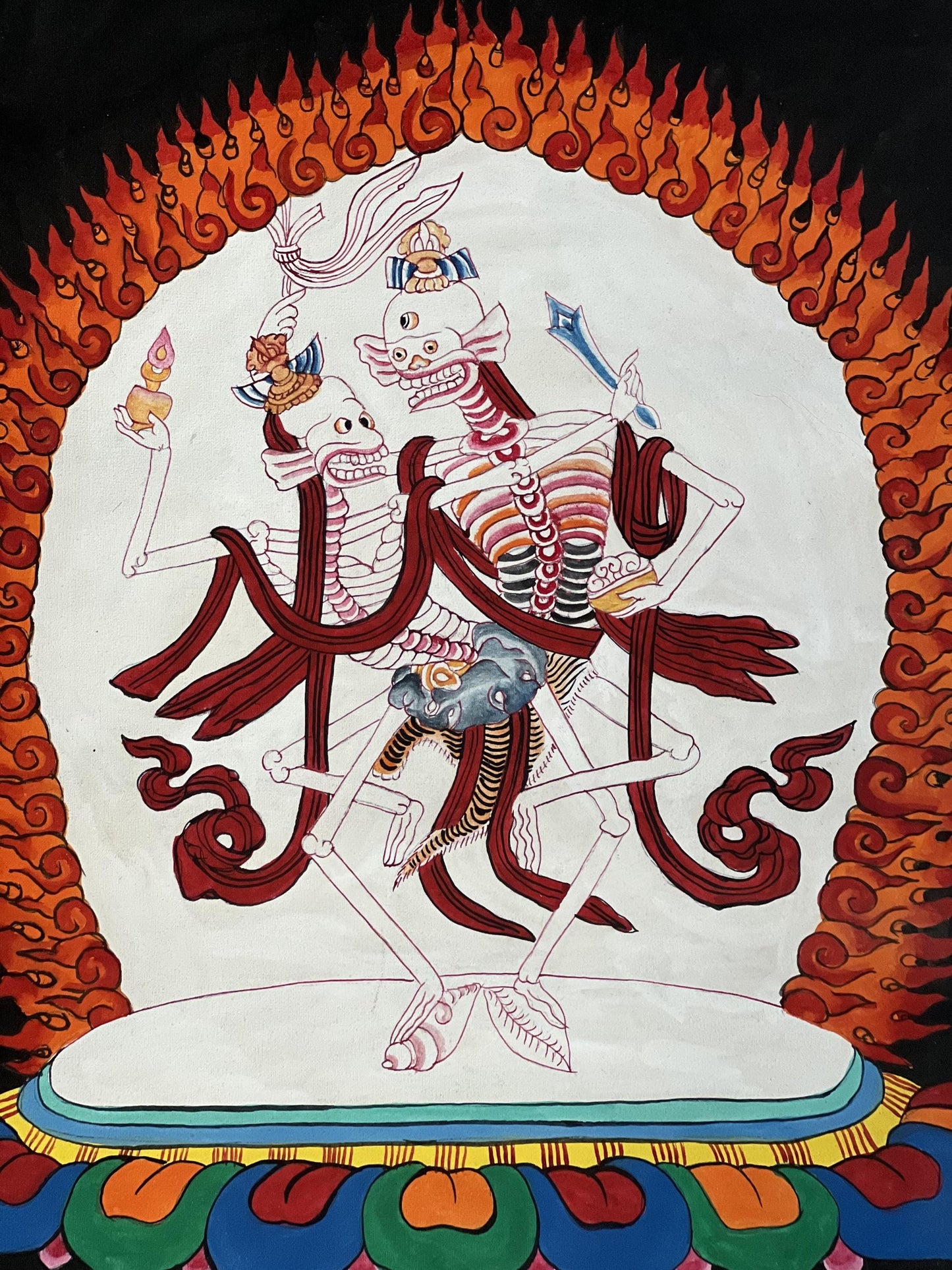 Citipati Dancing Skeletons Thangka | Hand-Painted Tibetan Charnel Ground Protector Art with Silk Brocade