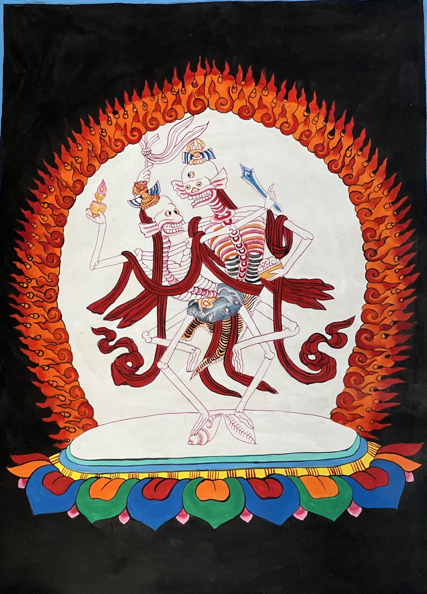 Citipati Dancing Skeletons Thangka | Hand-Painted Tibetan Charnel Ground Protector Art with Silk Brocade