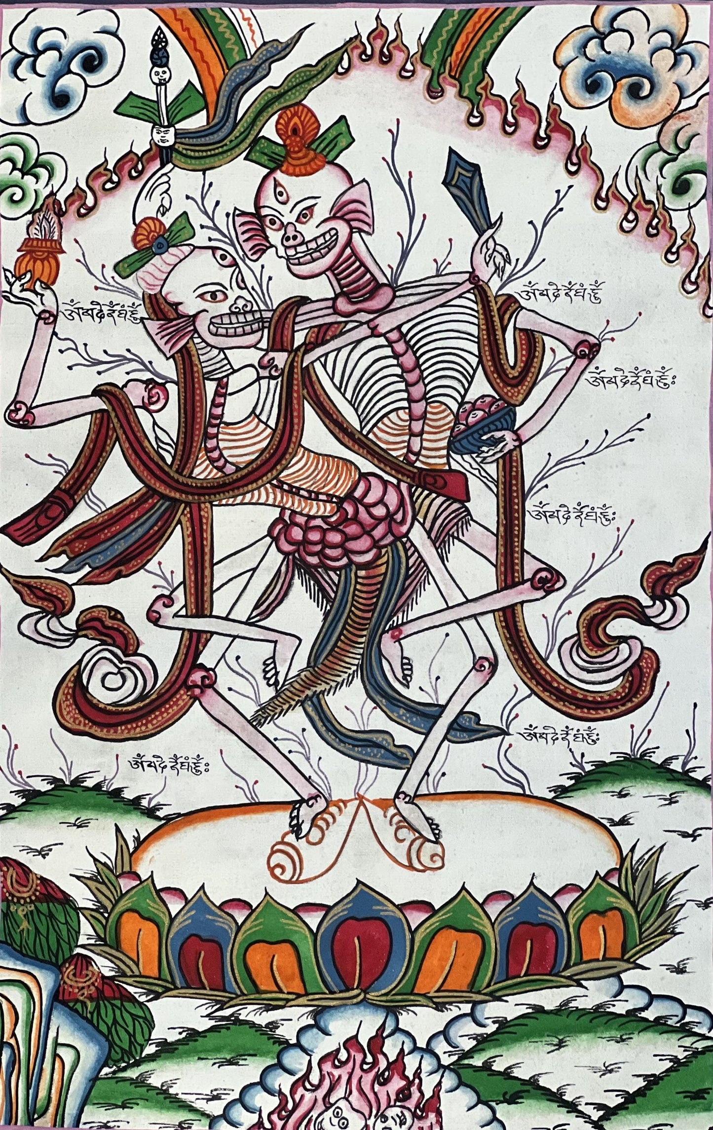 Hand-Painted Tibetan Citipati Thangka – Dancing Couple, Silk Brocade
