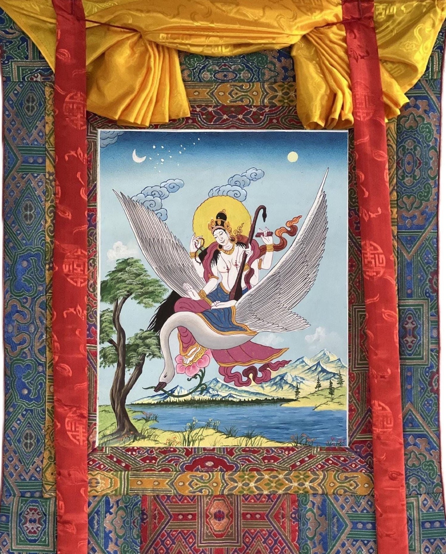 Hand-Painted Saraswati Thangka | Hindu Goddess Art with Silk Brocade