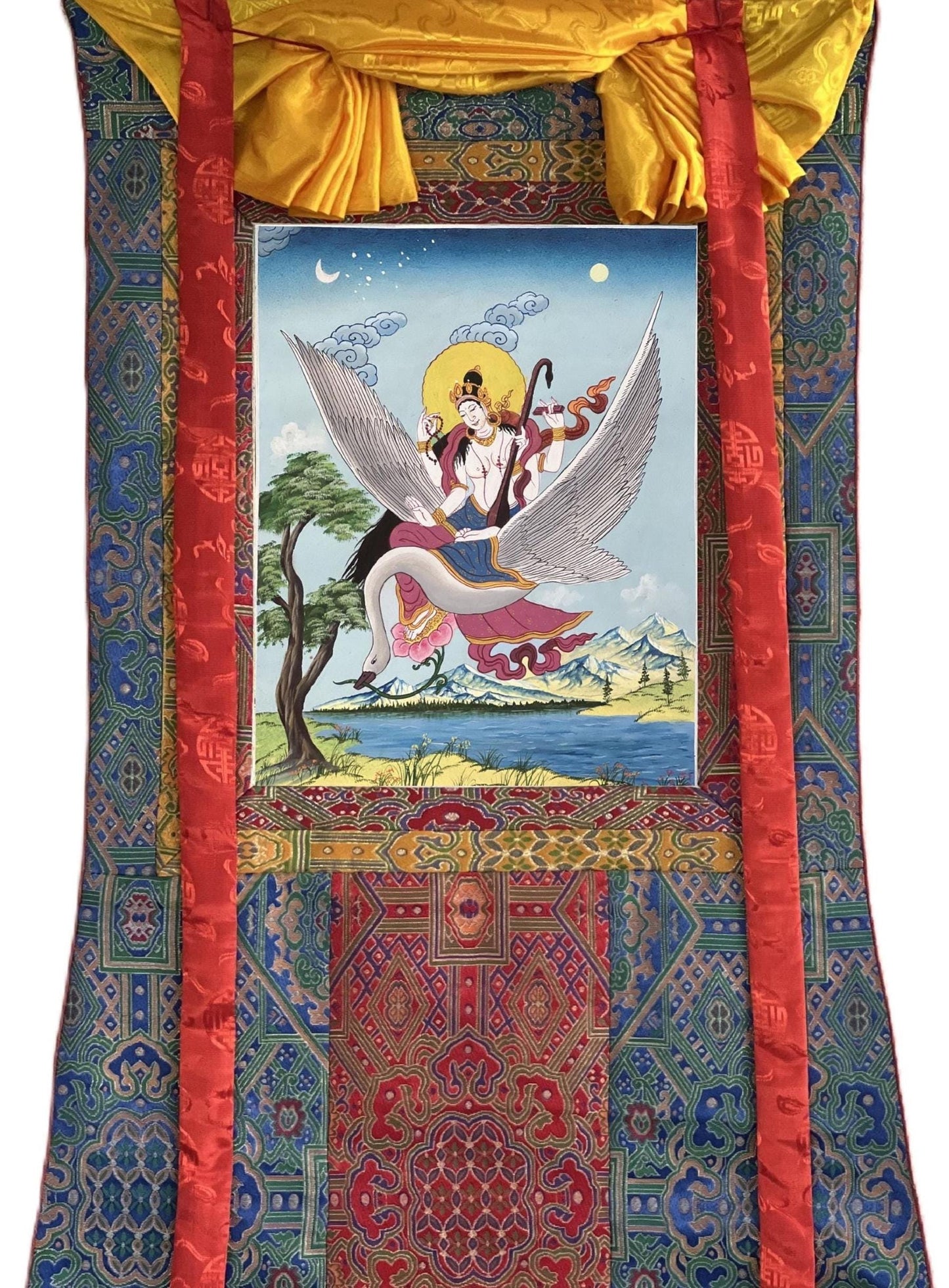 Hand-Painted Saraswati Thangka | Hindu Goddess Art with Silk Brocade