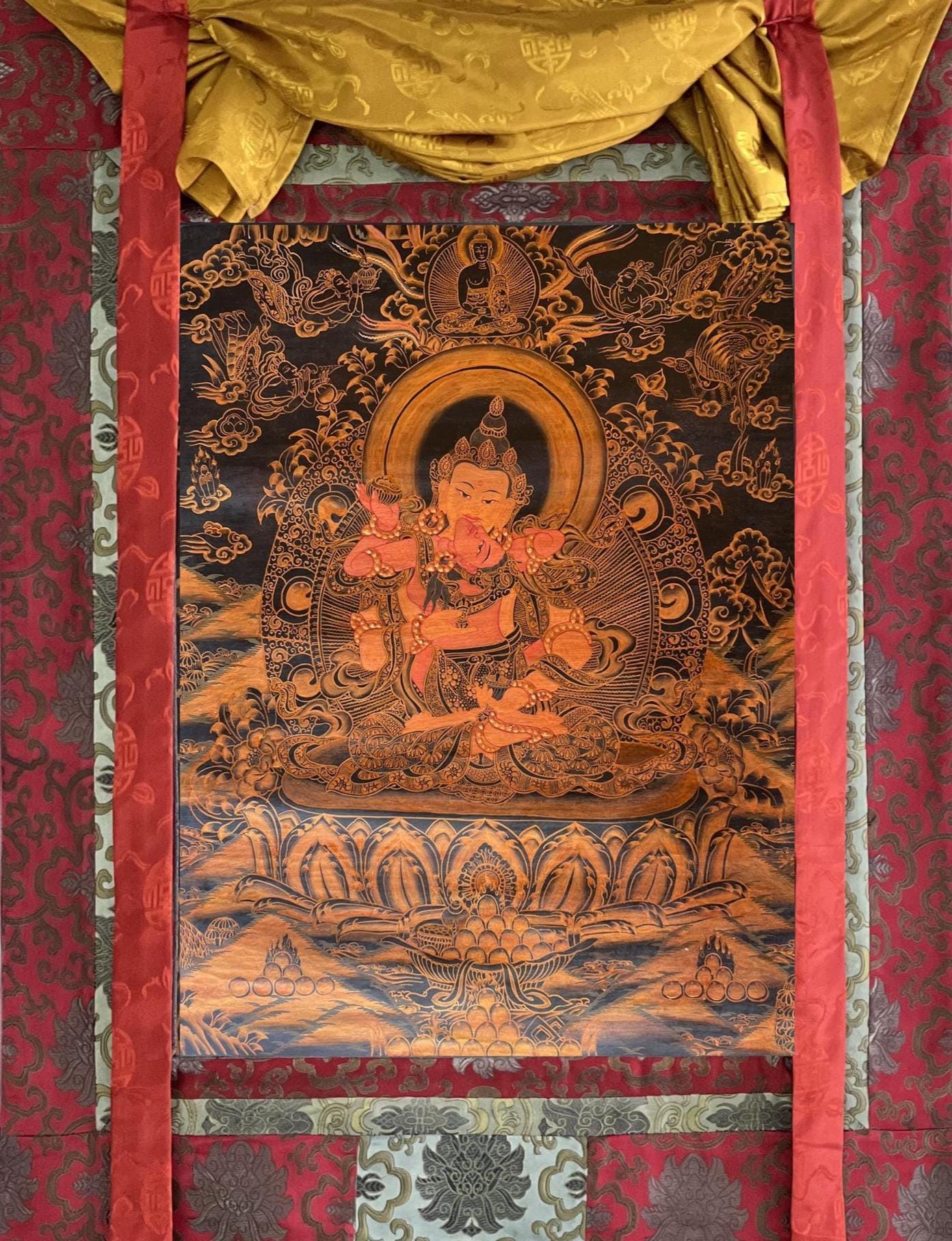 Hand-Painted Vajrasattva Shakti Thangka | Cotton Brocade, Tibetan Art
