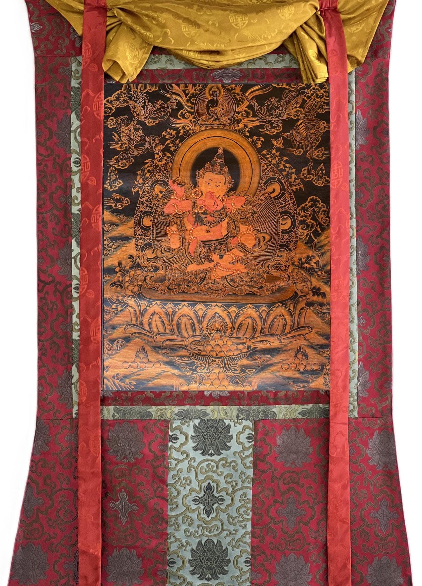 Hand-Painted Vajrasattva Shakti Thangka | Cotton Brocade, Tibetan Art