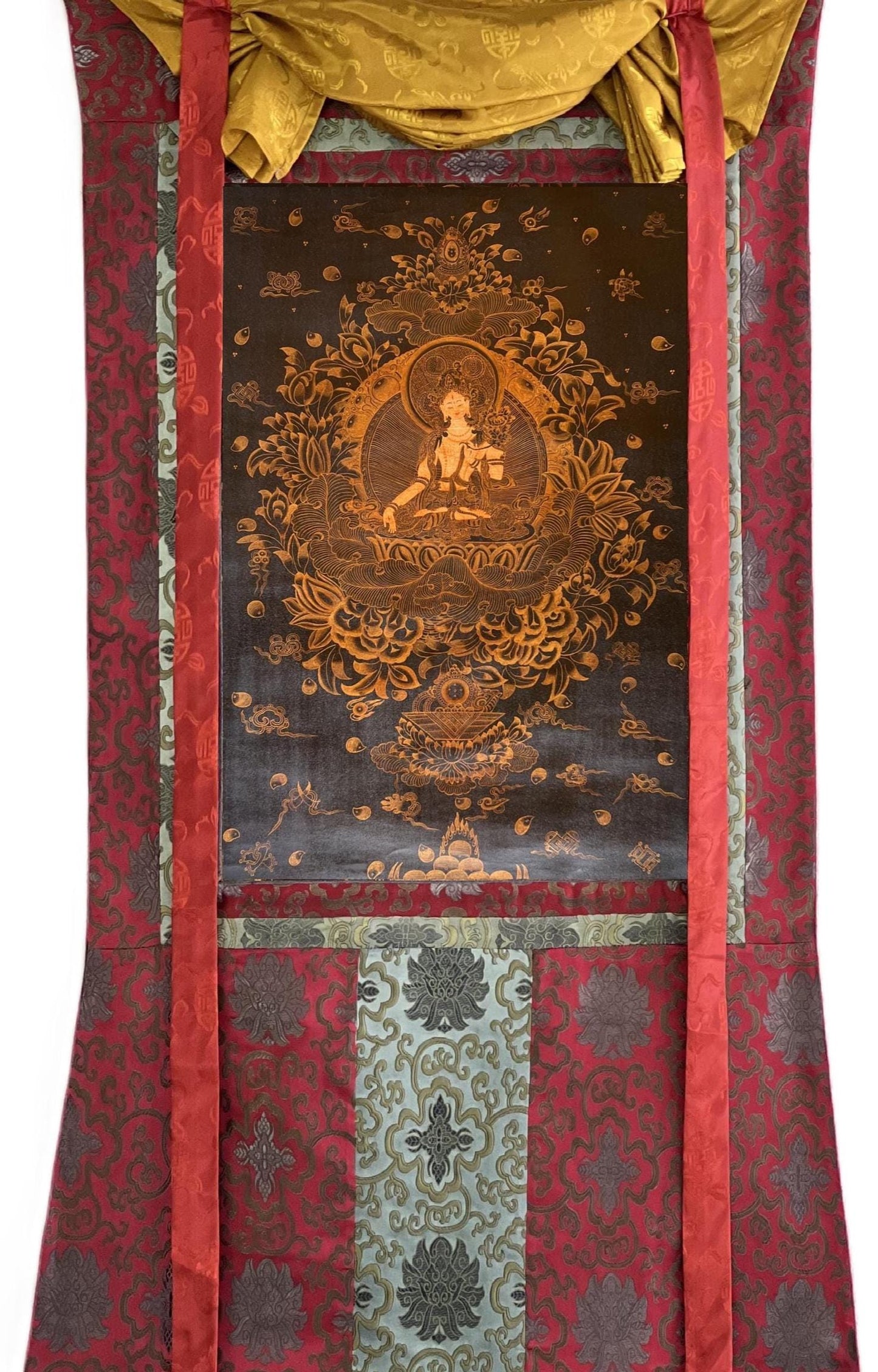 Hand-Painted Chenrezig Thangka – Tibetan Silk Brocade, Spiritual Art, Oil Varnished