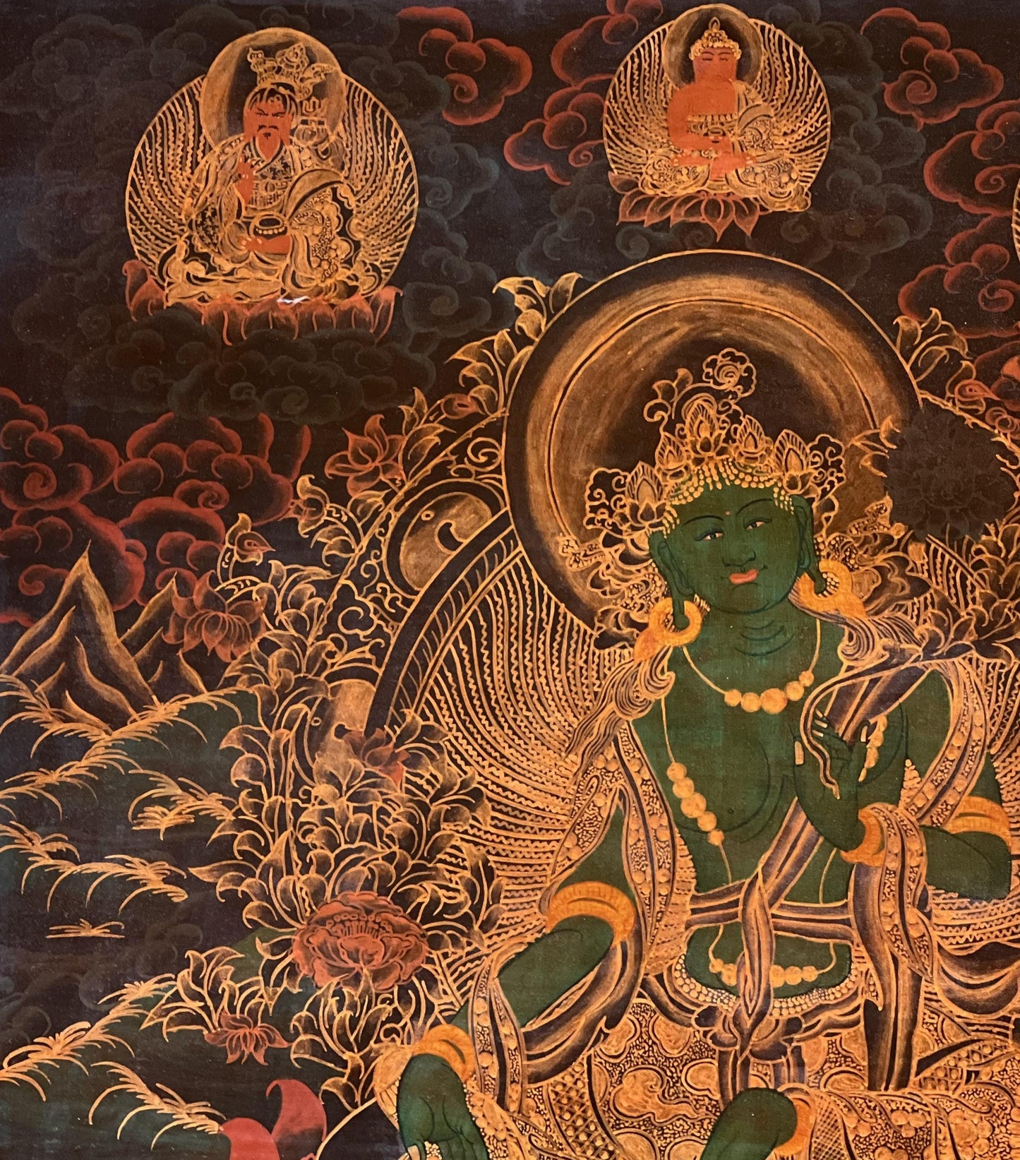 Hand-Painted Green Tara Thangka – Tibetan Goddess Art, Silk Brocade, Oil Varnished