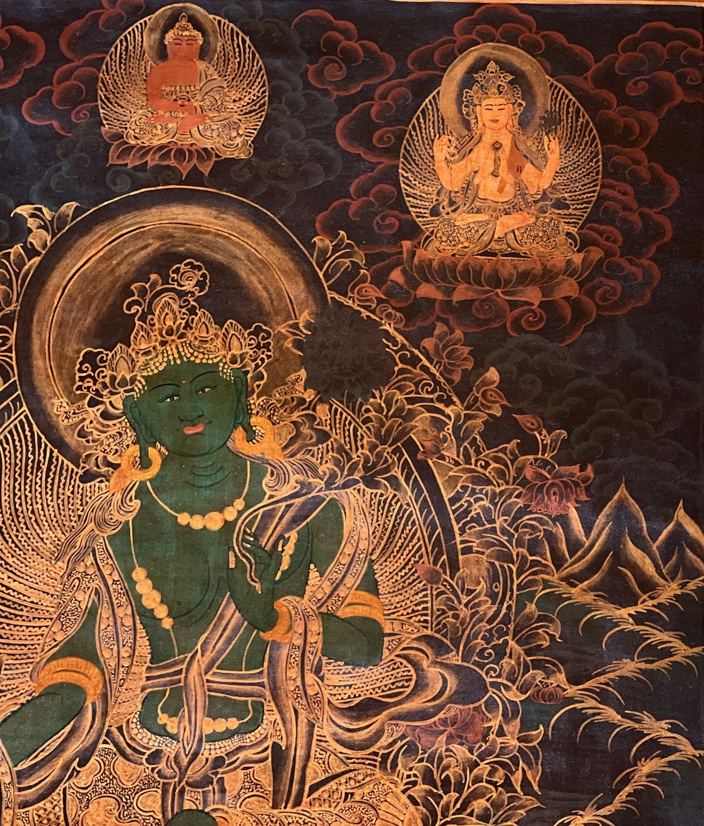 Hand-Painted Green Tara Thangka – Tibetan Goddess Art, Silk Brocade, Oil Varnished
