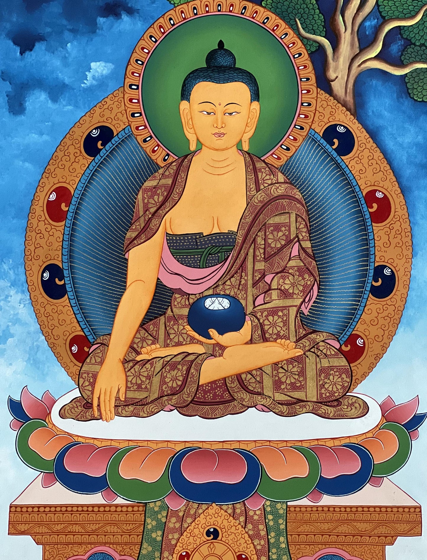Shakyamuni Buddha Thangka | Hand-Painted Tibetan Enlightenment Art with Silk Brocade