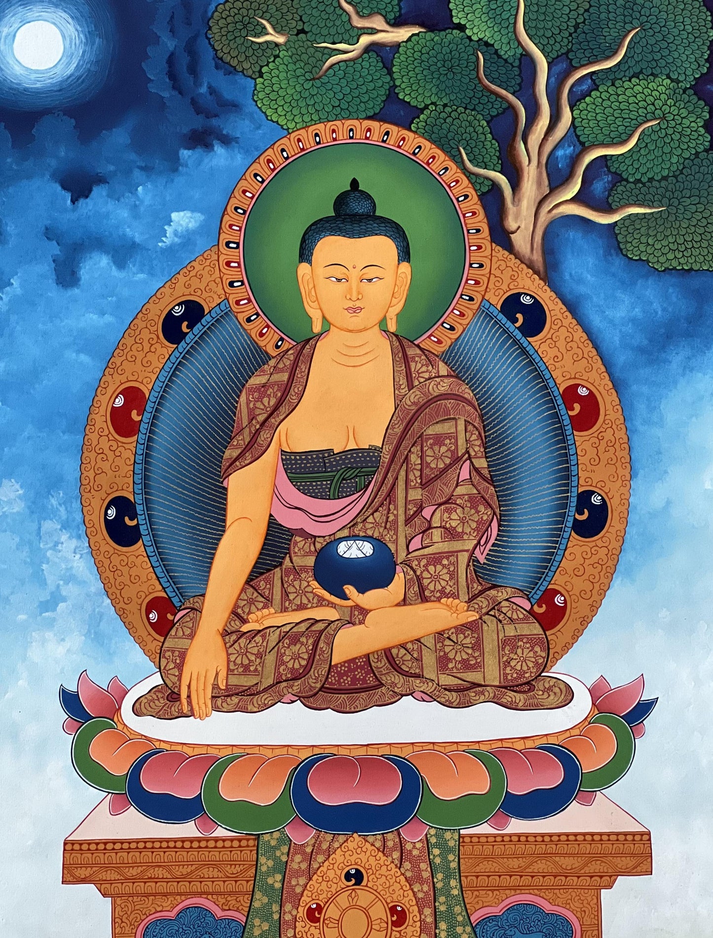 Shakyamuni Buddha Thangka | Hand-Painted Tibetan Enlightenment Art with Silk Brocade