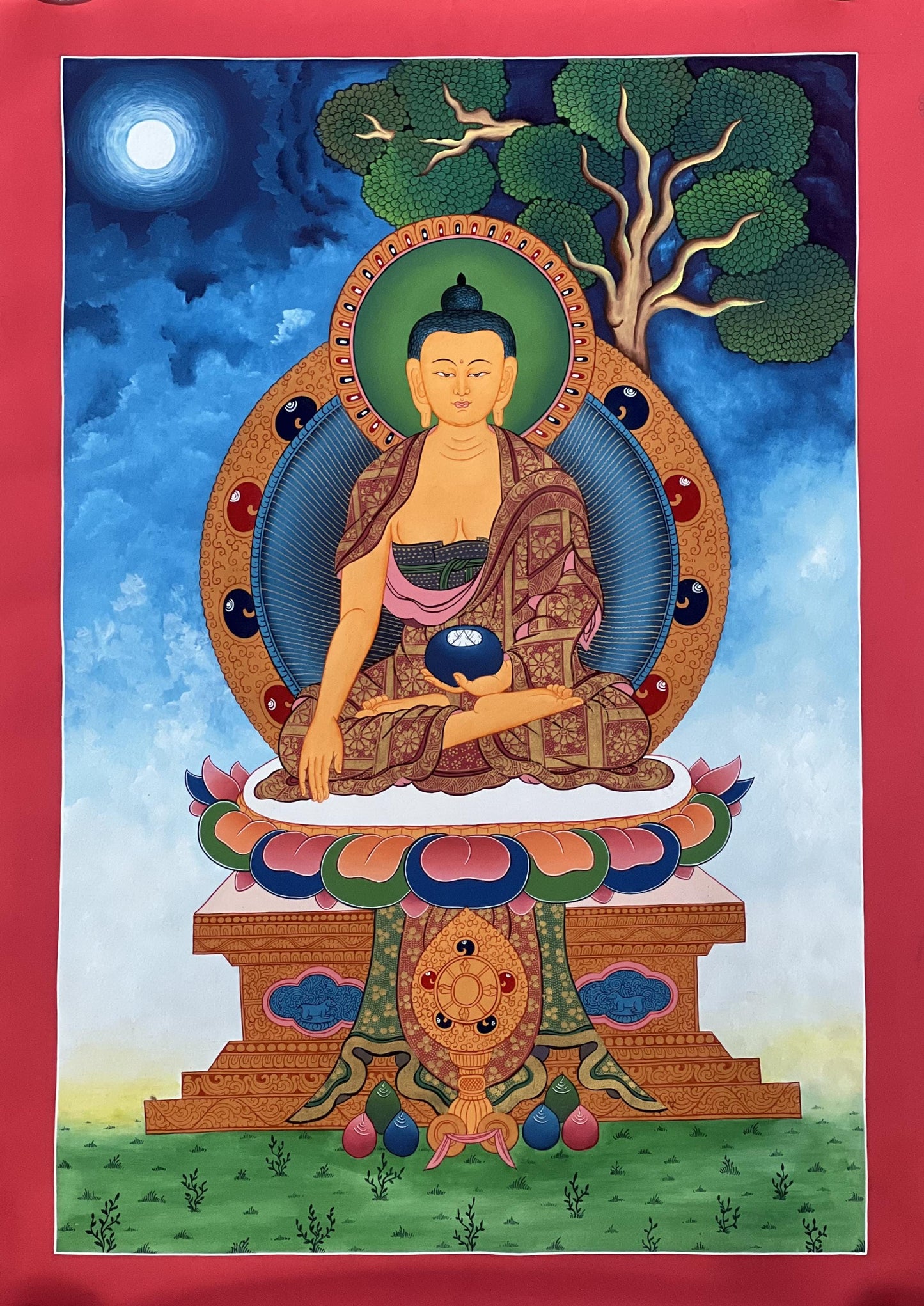 Shakyamuni Buddha Thangka | Hand-Painted Tibetan Enlightenment Art with Silk Brocade