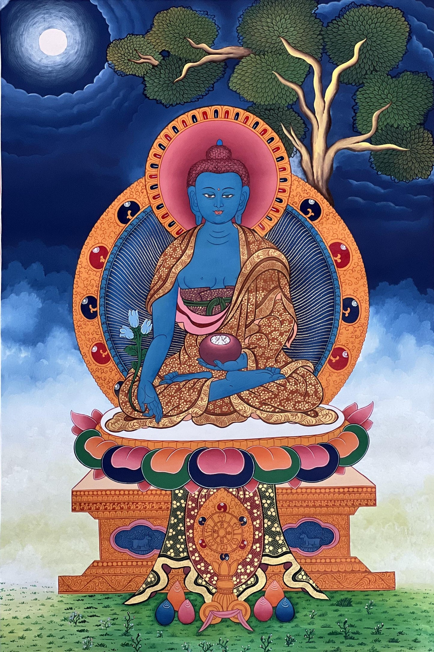 Medicine Buddha Thangka | Hand-Painted Bhaisajyaguru Healing Art with Silk Brocade