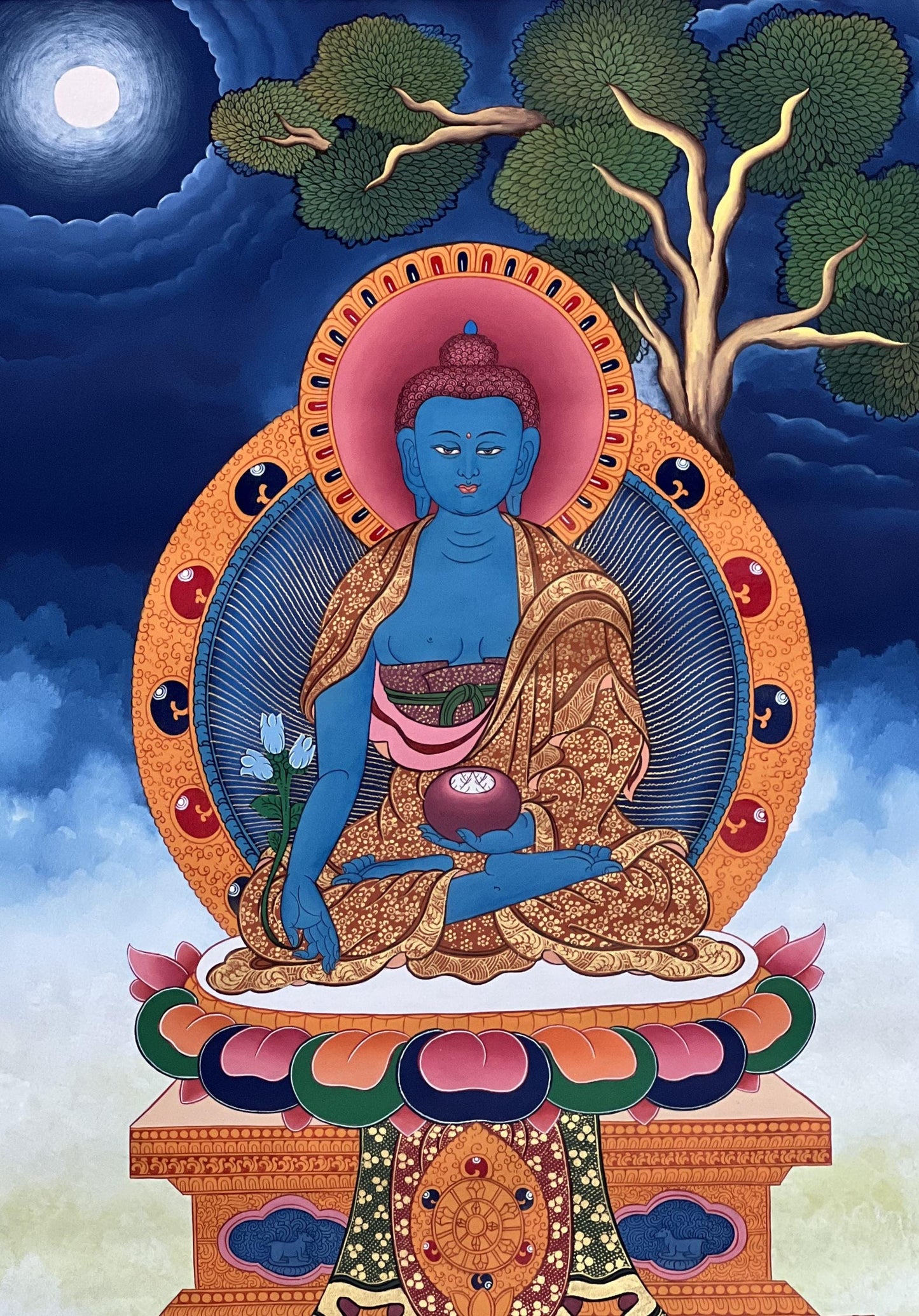 Medicine Buddha Thangka | Hand-Painted Bhaisajyaguru Healing Art with Silk Brocade