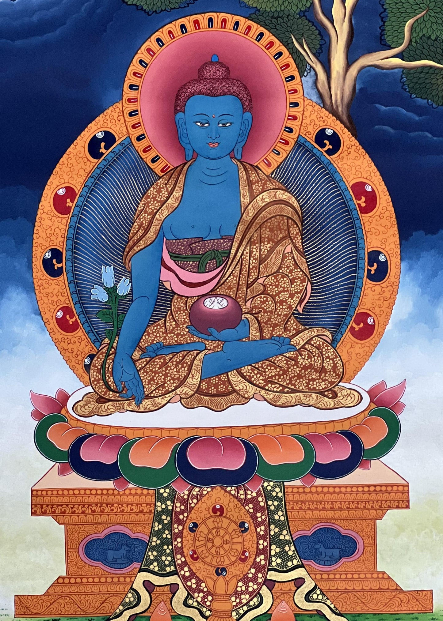 Medicine Buddha Thangka | Hand-Painted Bhaisajyaguru Healing Art with Silk Brocade