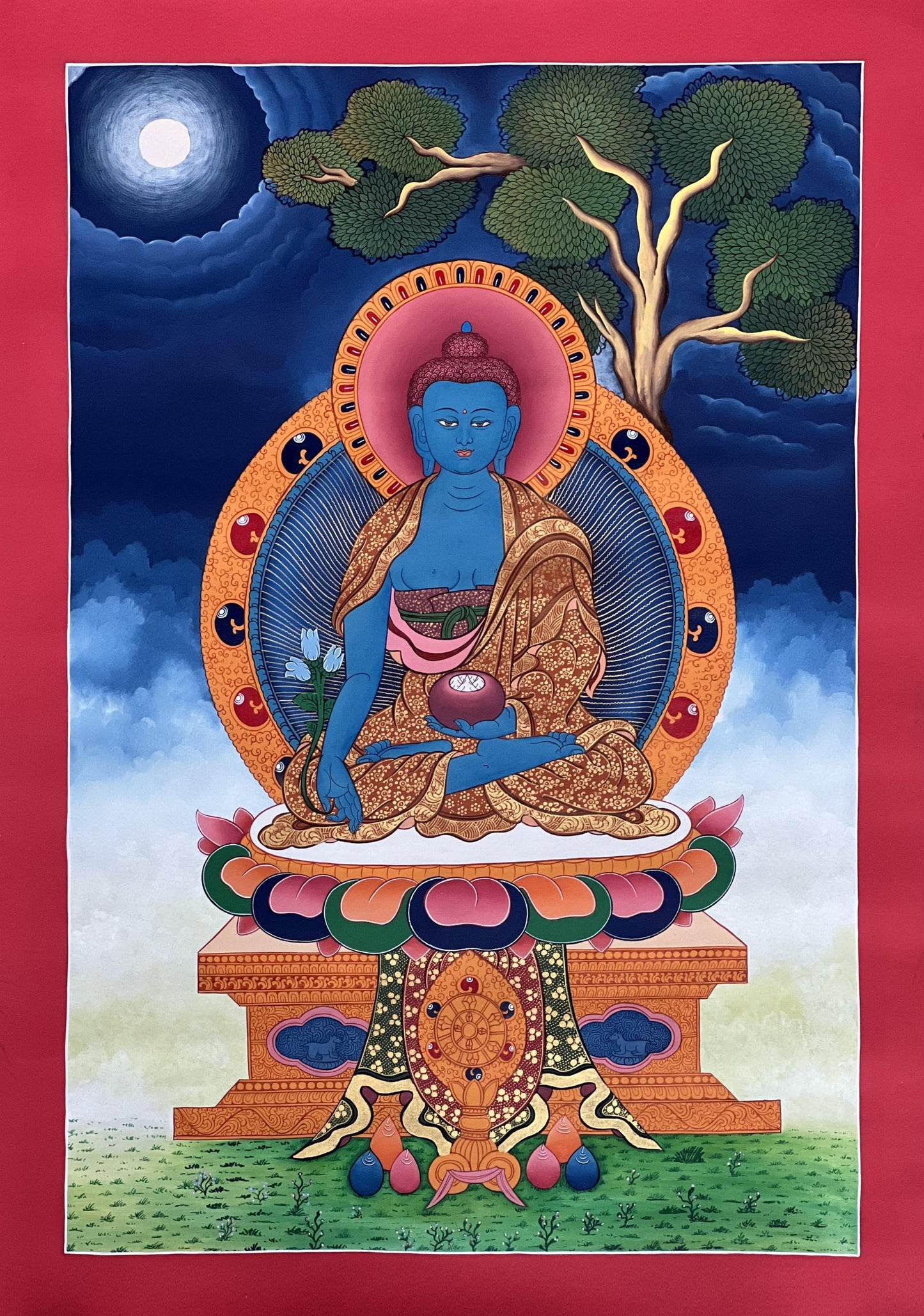 Medicine Buddha Thangka | Hand-Painted Bhaisajyaguru Healing Art with Silk Brocade