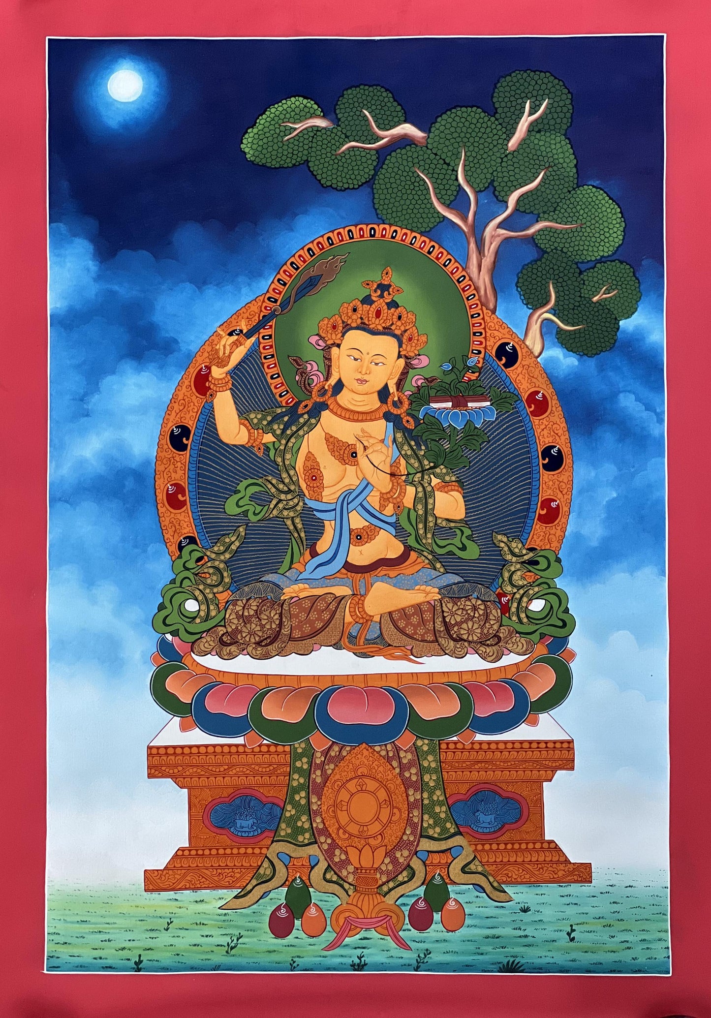 Hand-Painted Manjushri Thangka • Jampelyang Bodhisattva of Wisdom • Tibetan Buddhist Art • Silk Brocade Frame Option