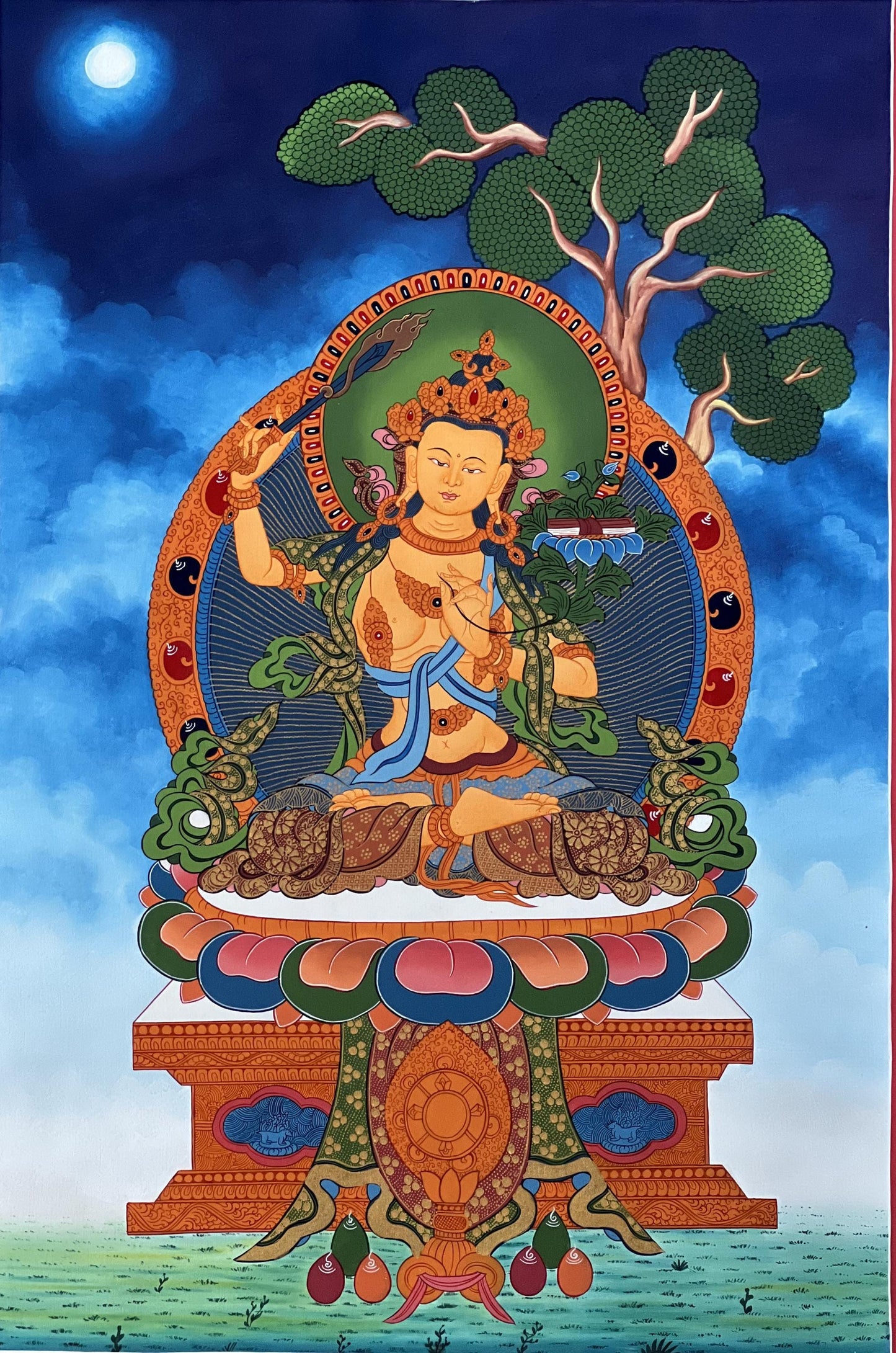 Hand-Painted Manjushri Thangka • Jampelyang Bodhisattva of Wisdom • Tibetan Buddhist Art • Silk Brocade Frame Option