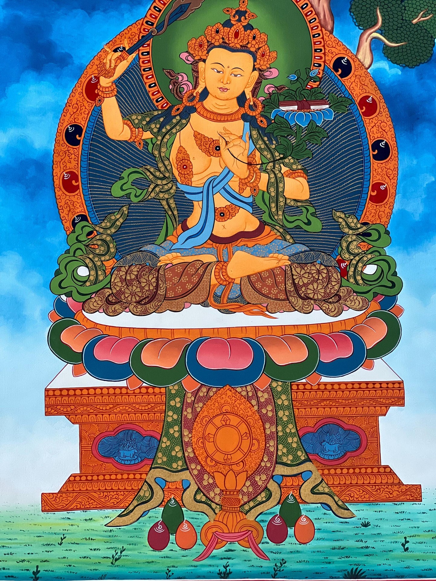 Hand-Painted Manjushri Thangka • Jampelyang Bodhisattva of Wisdom • Tibetan Buddhist Art • Silk Brocade Frame Option
