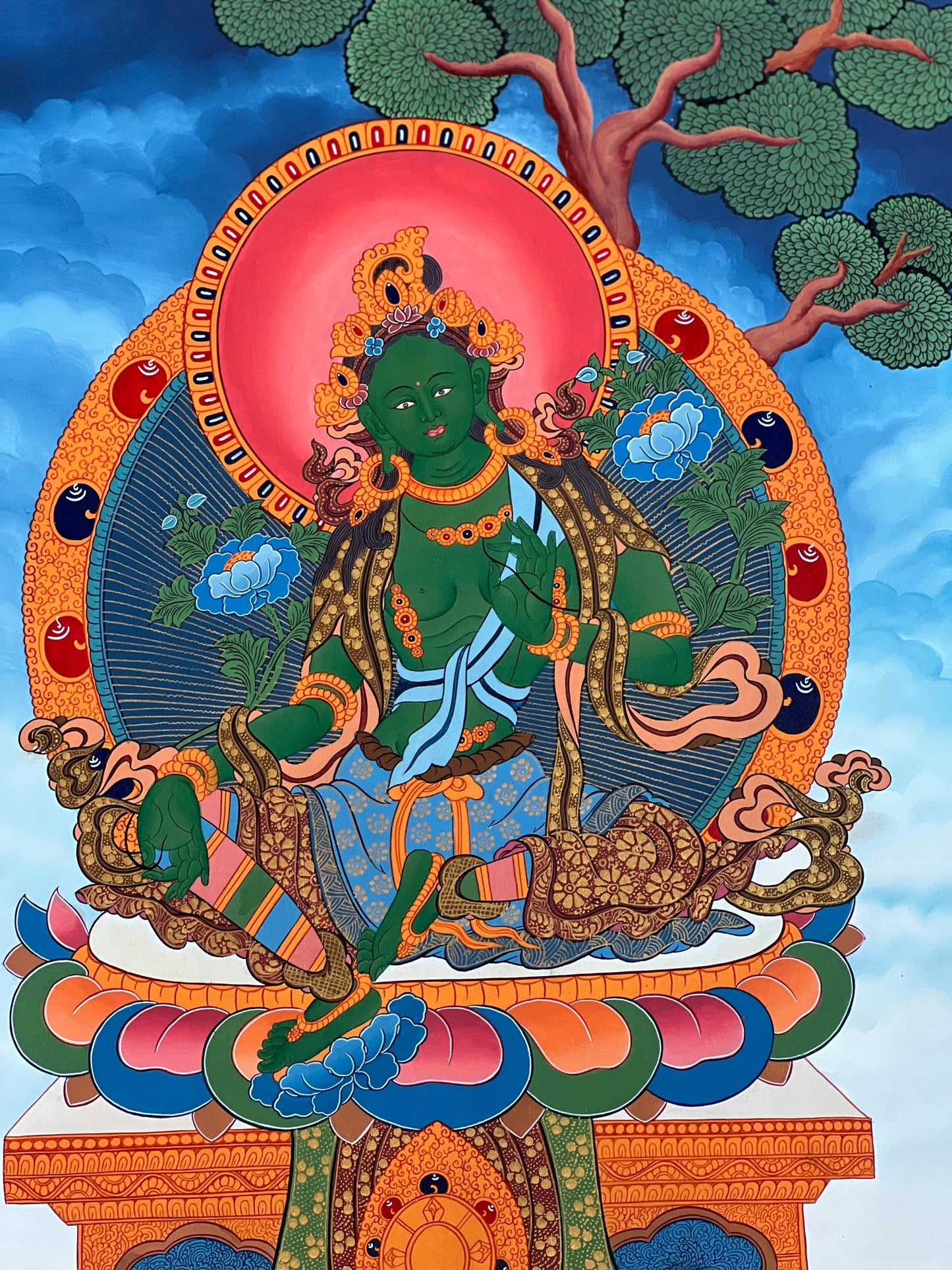 Green Tara Thangka Painting - Hand-Painted Tibetan Wall Art (20" x 30")