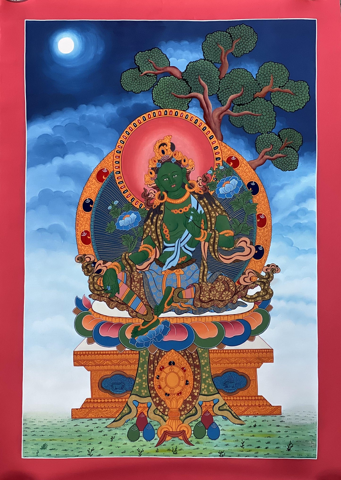 Green Tara Thangka Painting - Hand-Painted Tibetan Wall Art (20" x 30")