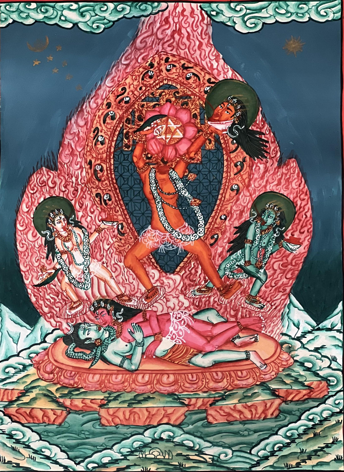 Hand-Painted Chhinnamasta Thangka: Divine Duality Art with Silk Brocade