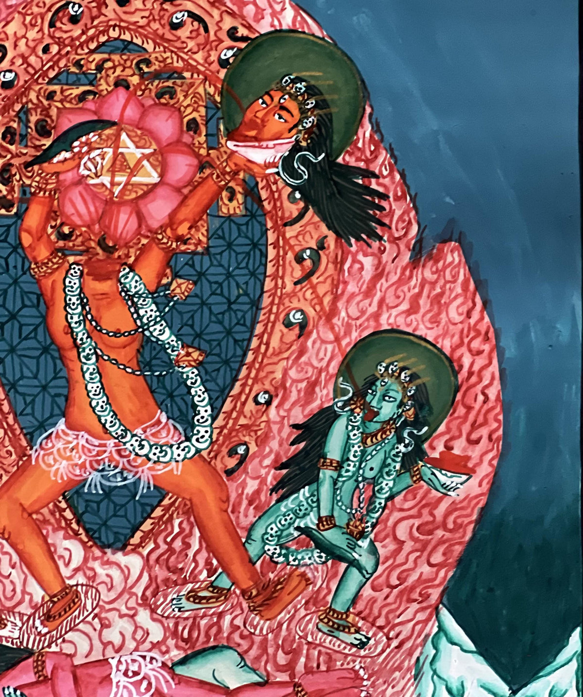 Hand-Painted Chhinnamasta Thangka: Divine Duality Art with Silk Brocade