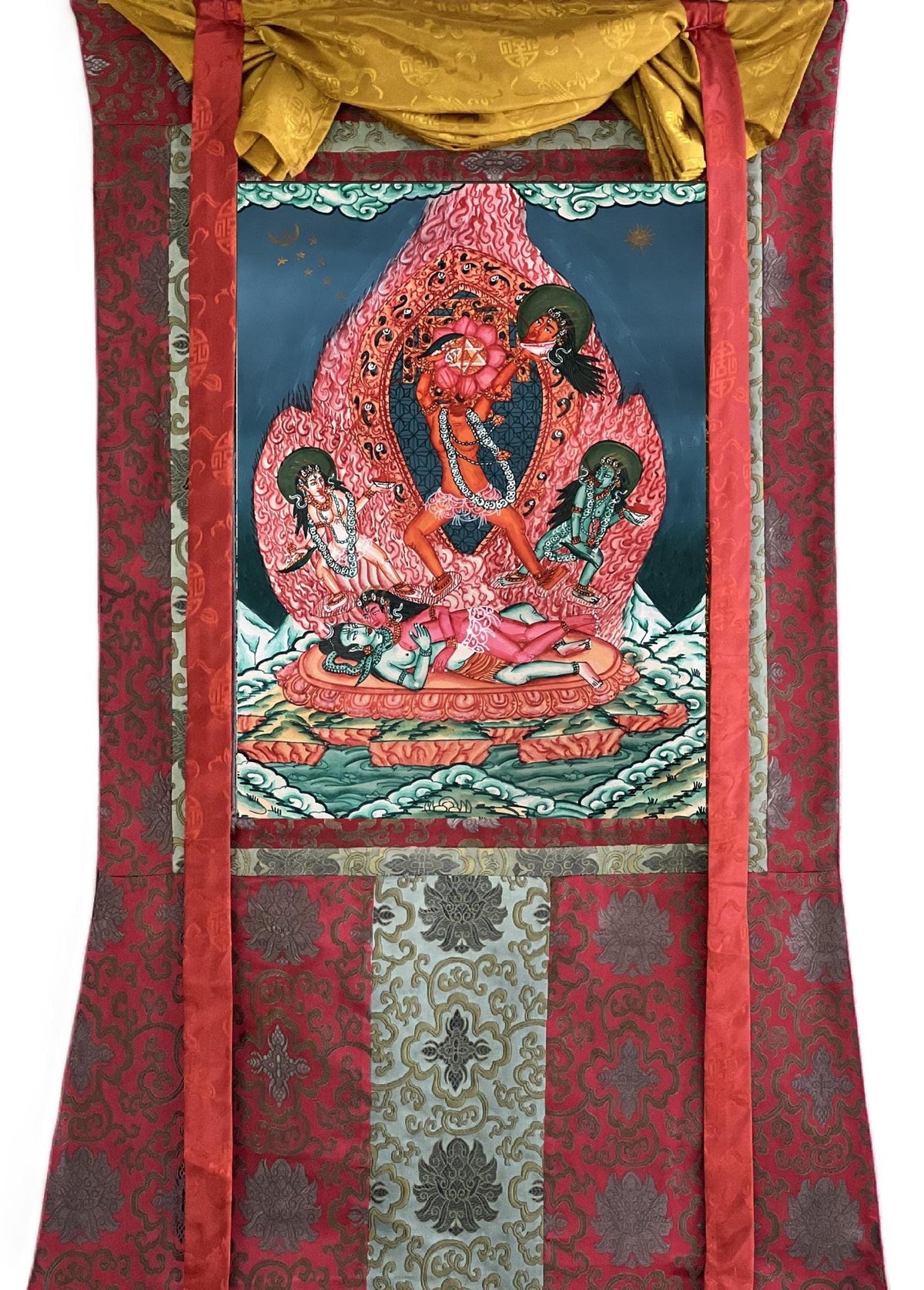 Hand-Painted Chhinnamasta Thangka: Divine Duality Art with Silk Brocade