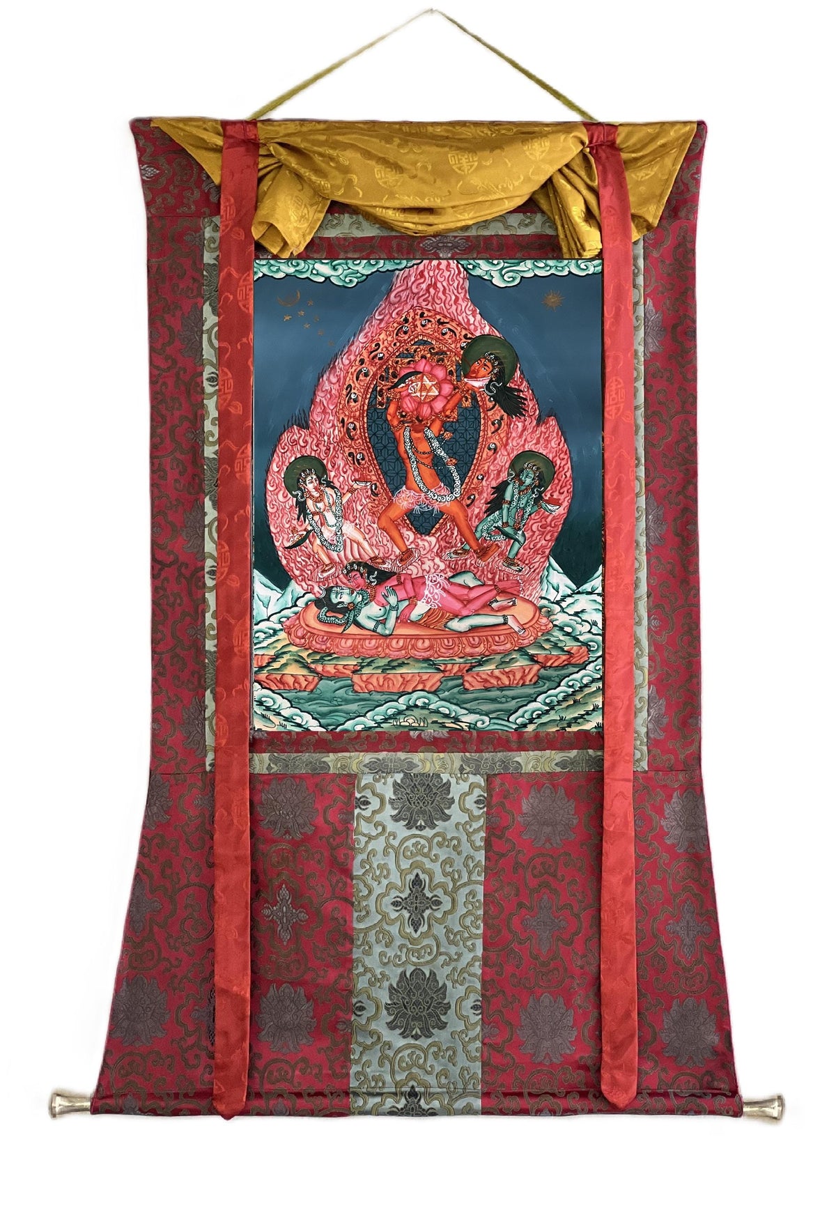 Hand-Painted Chhinnamasta Thangka: Divine Duality Art with Silk Brocade