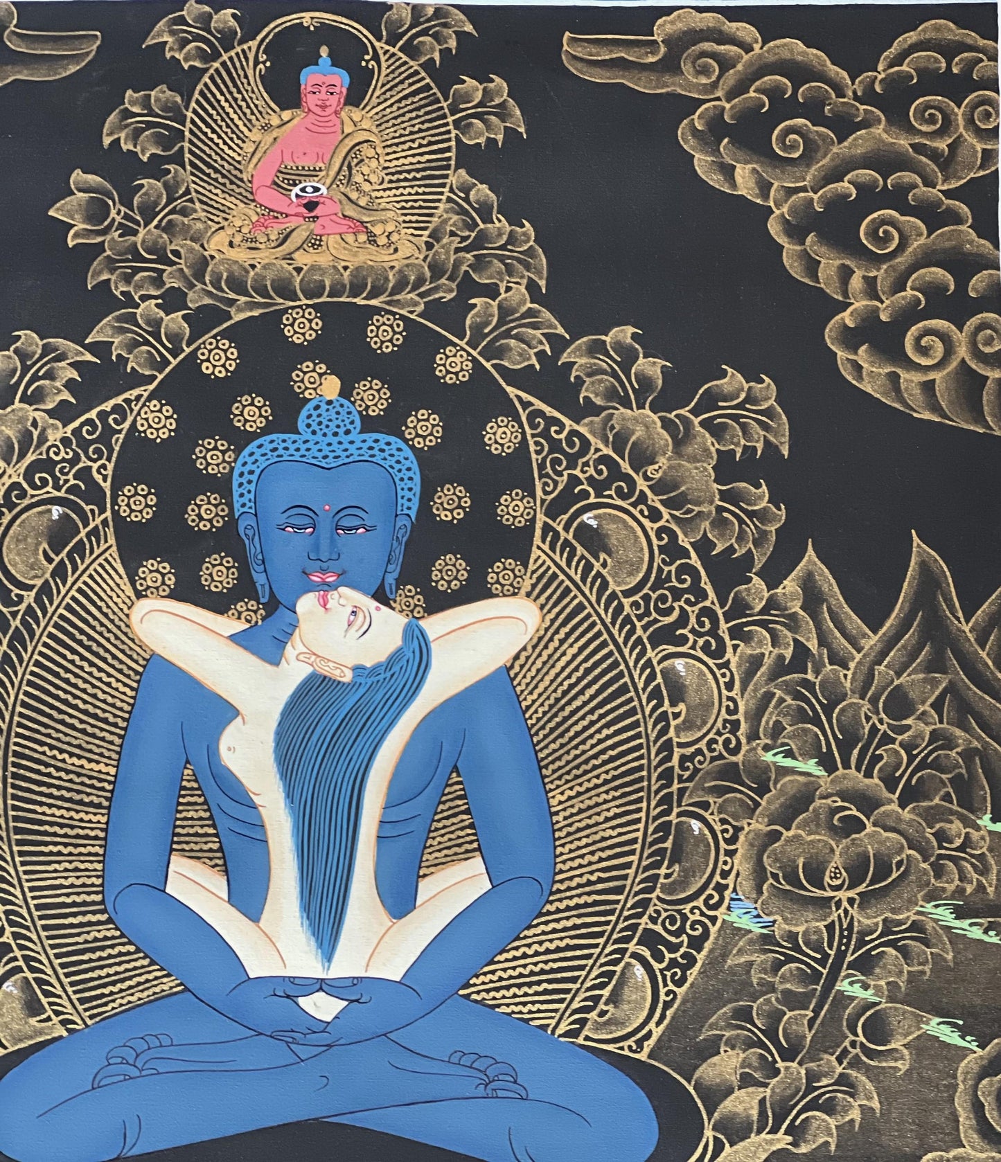 Hand-Painted Buddha Shakti Thangka | Samantabhadra Yab-Yum, Silk Brocade