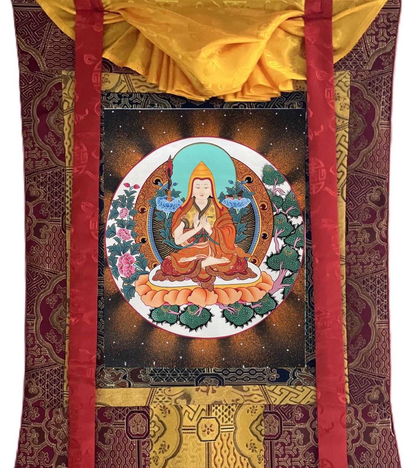 Hand-Painted Tsongkhapa Tibetan Thangka Painting: Silk Brocade Art