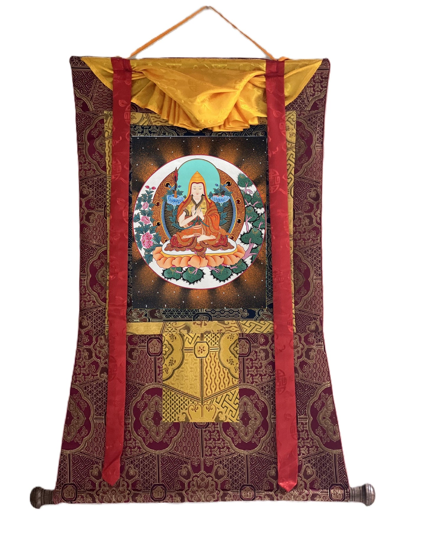 Hand-Painted Tsongkhapa Tibetan Thangka Painting: Silk Brocade Art