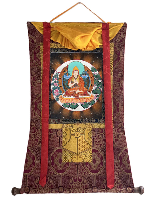 Hand-Painted Tsongkhapa Tibetan Thangka Painting: Silk Brocade Art