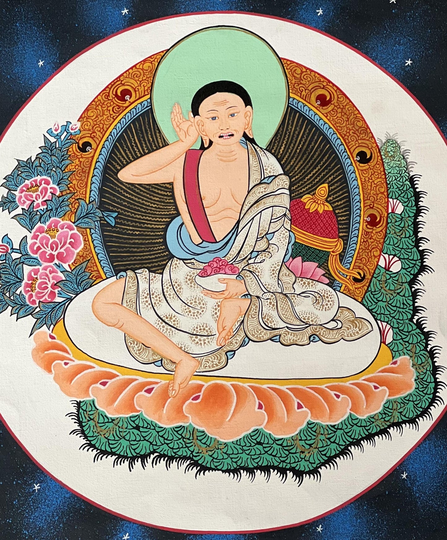 Hand-Painted Milarepa Thangka | Tibetan Buddhist Art | Silk Brocade