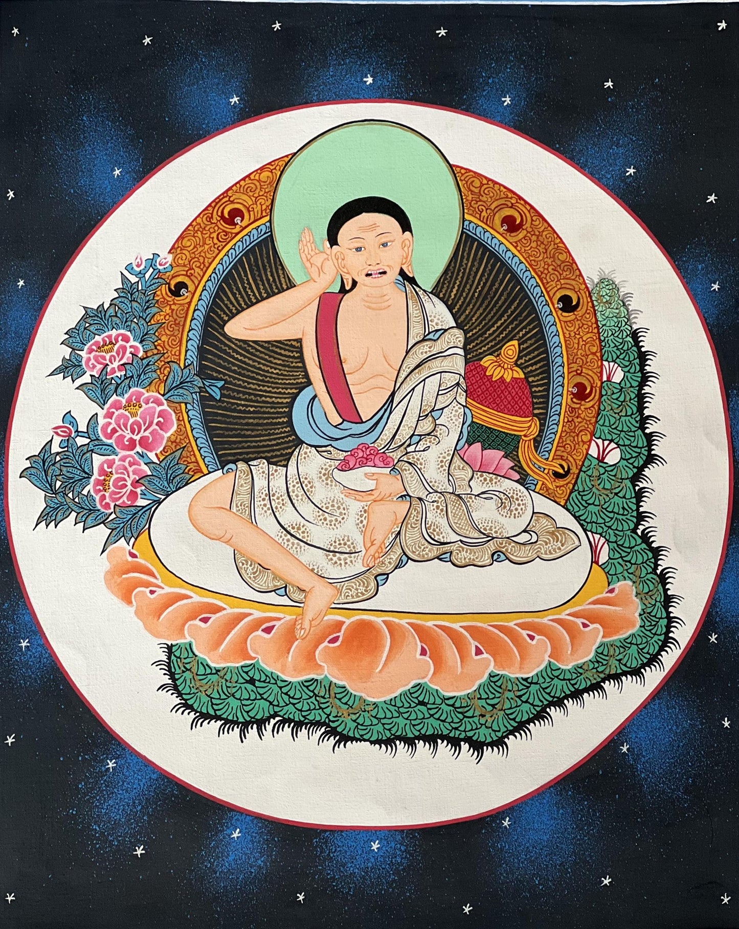 Hand-Painted Milarepa Thangka | Tibetan Buddhist Art | Silk Brocade