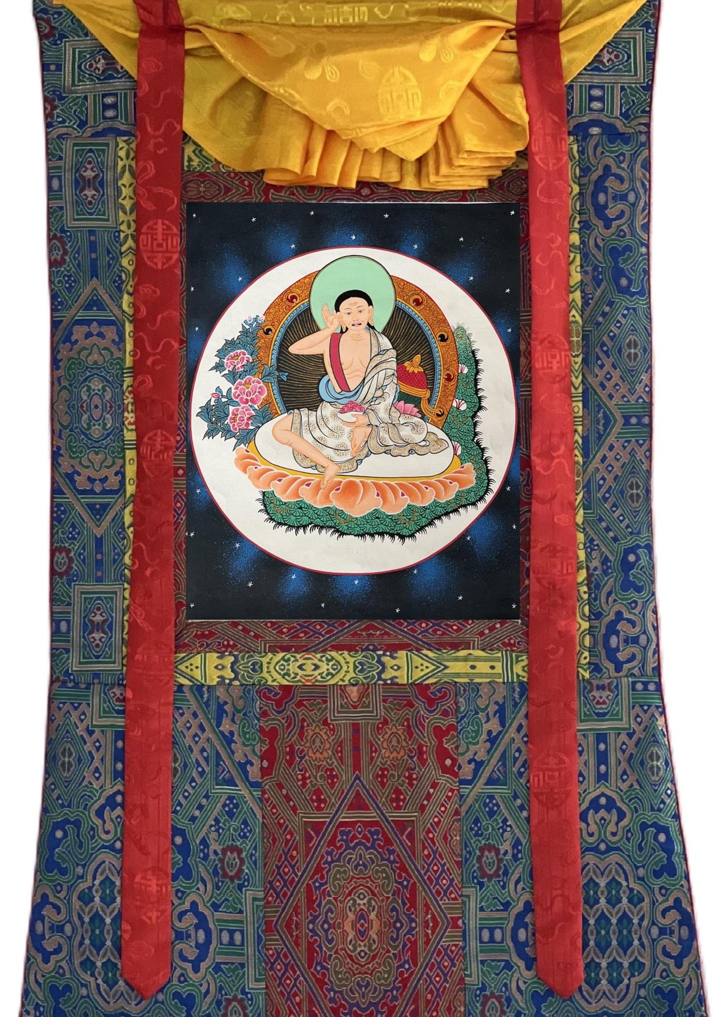 Hand-Painted Milarepa Thangka | Tibetan Buddhist Art | Silk Brocade