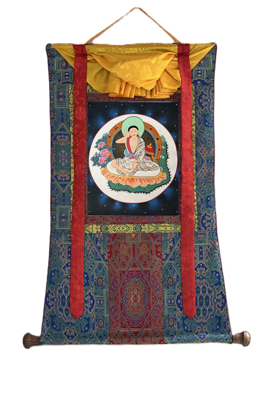 Hand-Painted Milarepa Thangka | Tibetan Buddhist Art | Silk Brocade