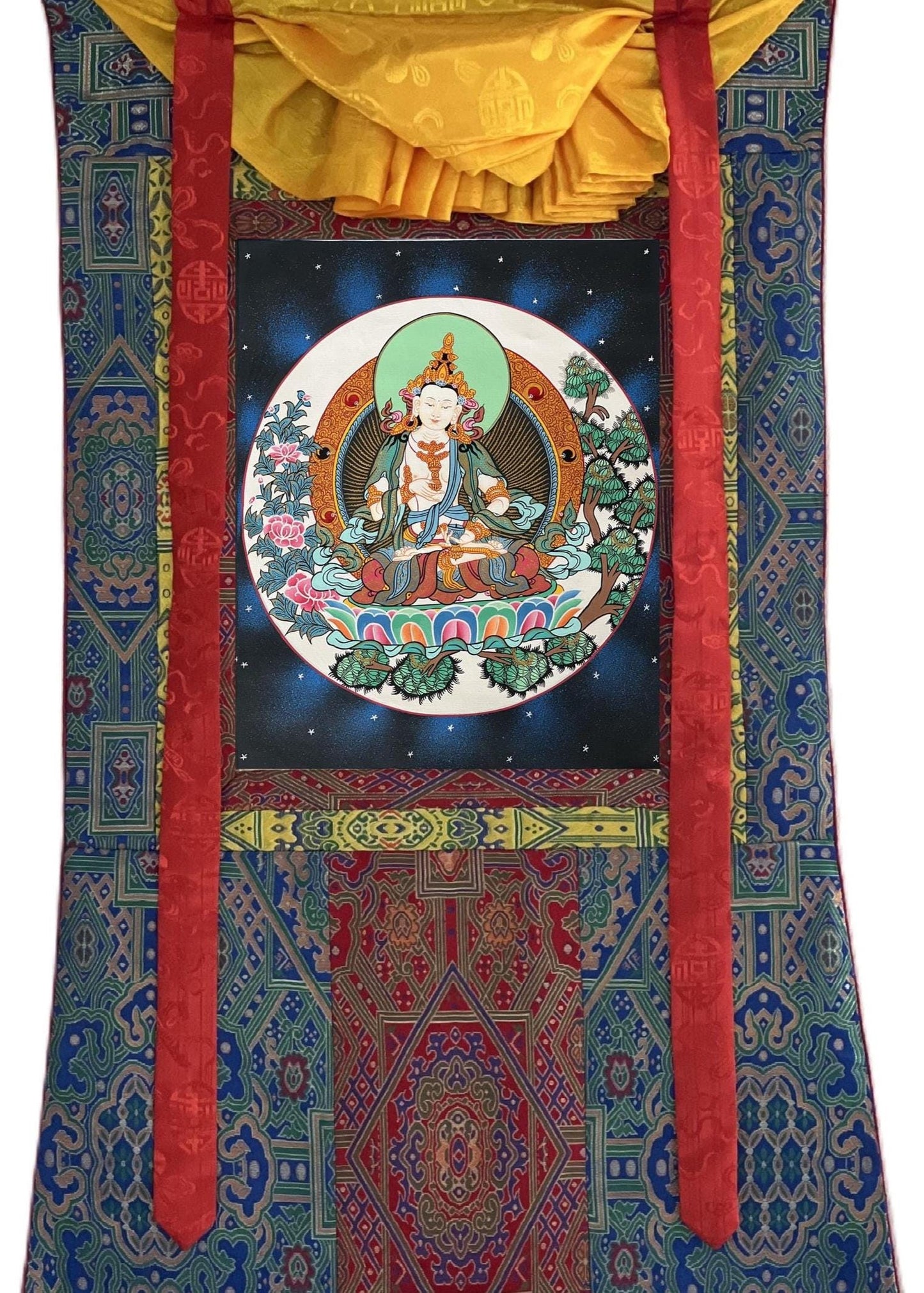 Hand-Painted Vajrasattva Thangka | Tibetan Silk Brocade Buddha Art