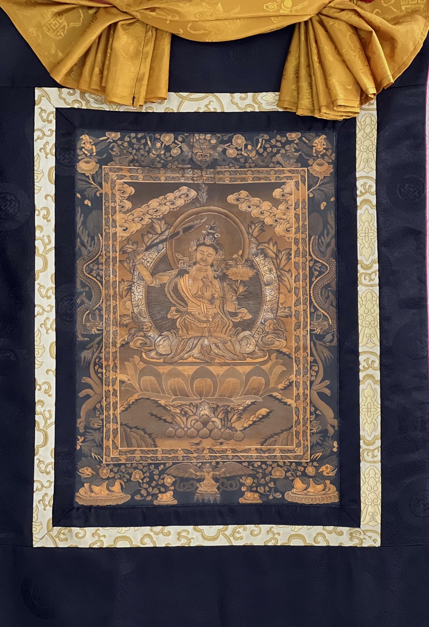Hand-Painted Manjushree Thangka | Silk Framed Meditation Wall Hanging | Oil Varnished
