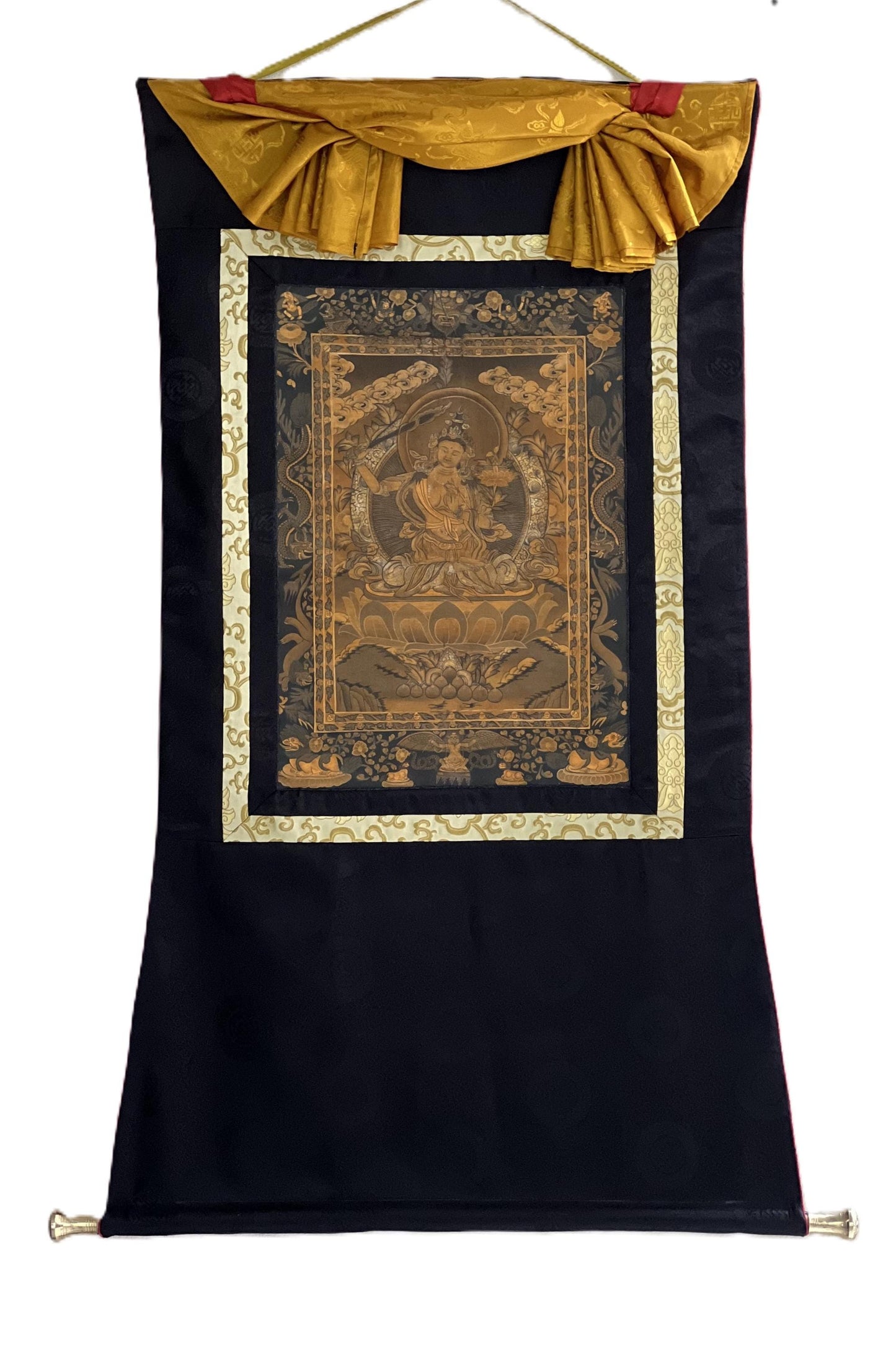 Hand-Painted Manjushree Thangka | Silk Framed Meditation Wall Hanging | Oil Varnished