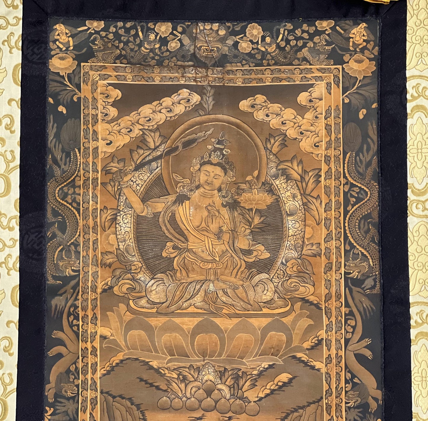 Hand-Painted Manjushree Thangka | Silk Framed Meditation Wall Hanging | Oil Varnished