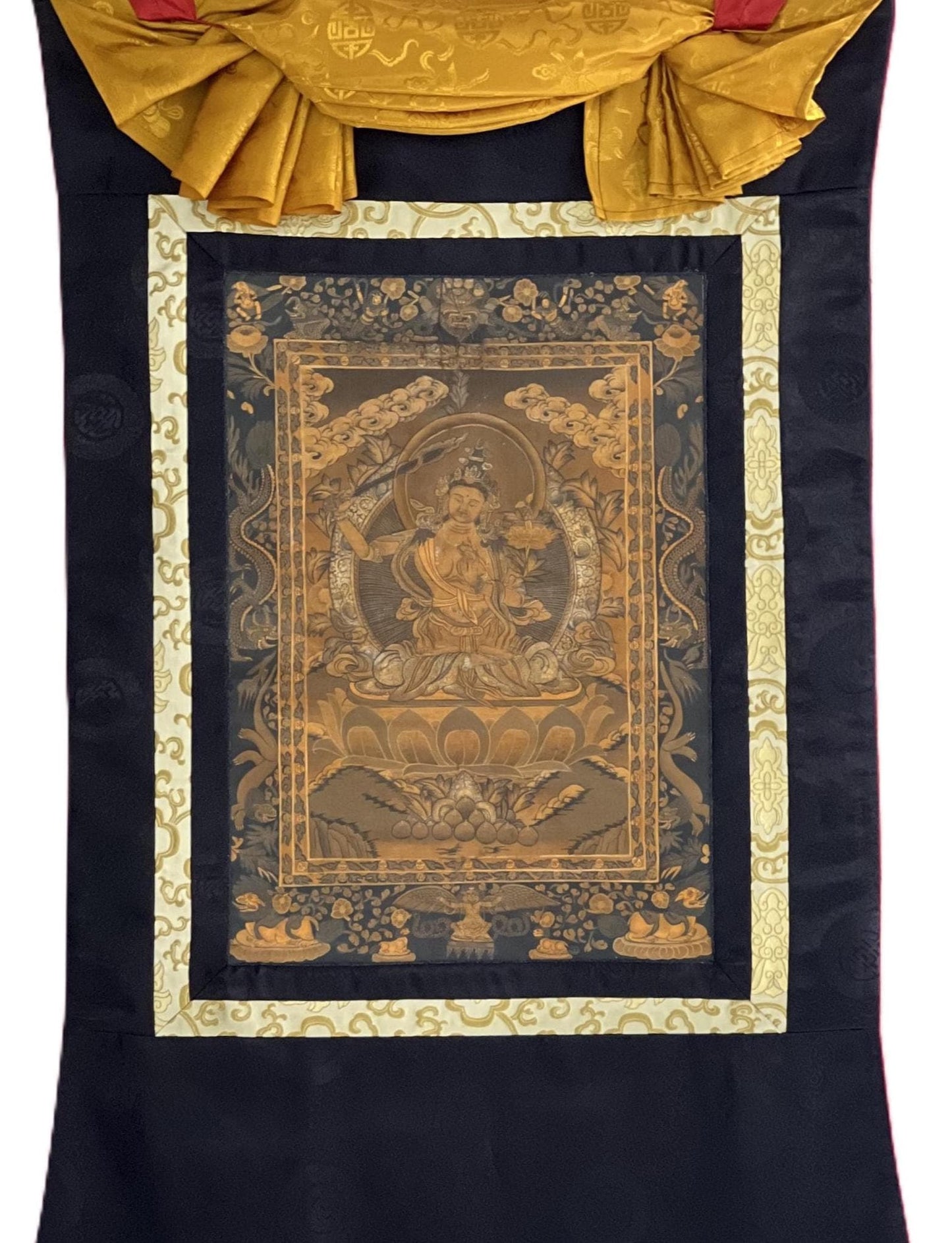 Hand-Painted Manjushree Thangka | Silk Framed Meditation Wall Hanging | Oil Varnished